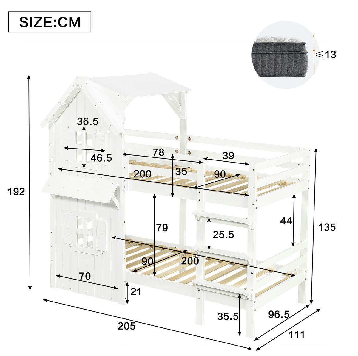 ETAGENBETT aus Kiefernholz und MDF 90x200 cm Weiß mit Fenstern, Dach und Sicherheitsgeländern - Weiß, Holzwerkstoff (90/200cm) - IVMEU