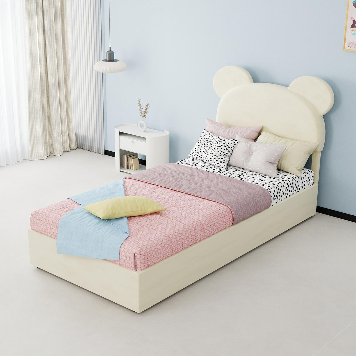 KINDERBETT 90/200 cm in Beige mit Bettkasten Stoff Cartoon-Design - Beige, Holzwerkstoff/Textil (90/200cm) - STILVORA