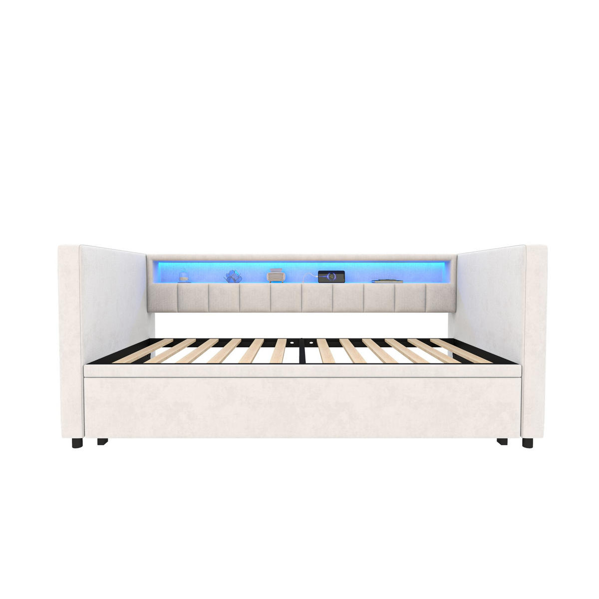 SCHLAFSOFA 90x190cm Ausziehsofa,USB-/Type-C-Anschluss,Samt,Grau - Beige, Textil (201/73/100cm) - LVHOM