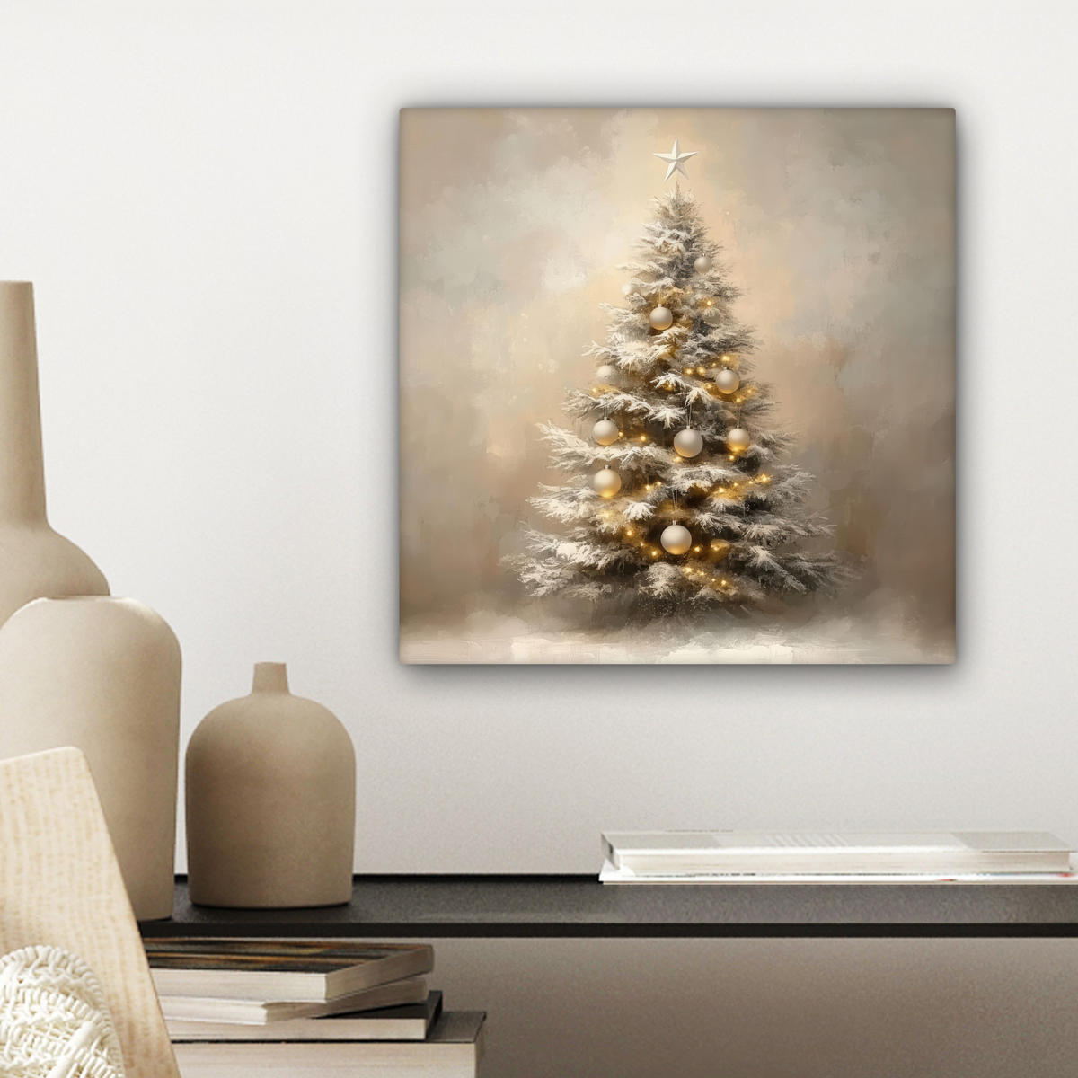 LEINWANDBILD Weihnachten - Weihnachtsbaum - Schnee - Kunst Deko Wohnzimmer 20x20 cm - Champagner, Textil (20/20cm) - MuchoWow