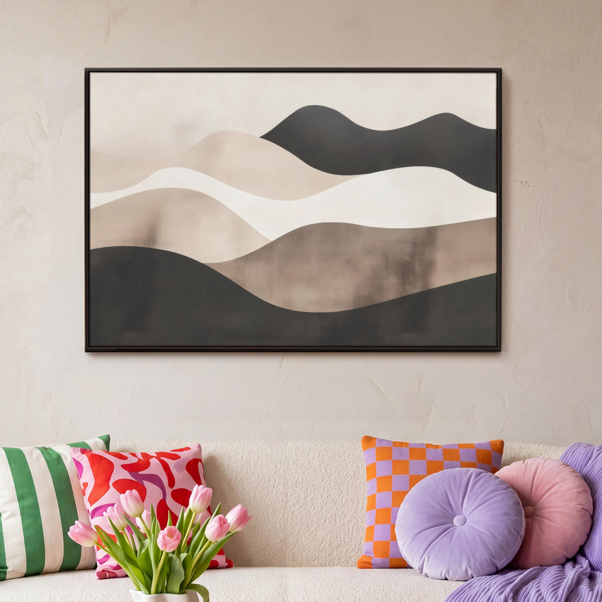 LEINWAND Bilder mit Rahmen - Abstrakt - Landschaft - Wellen - Cremefarben - 90x60 - Cappuccino, Textil (90/60cm) - MuchoWow