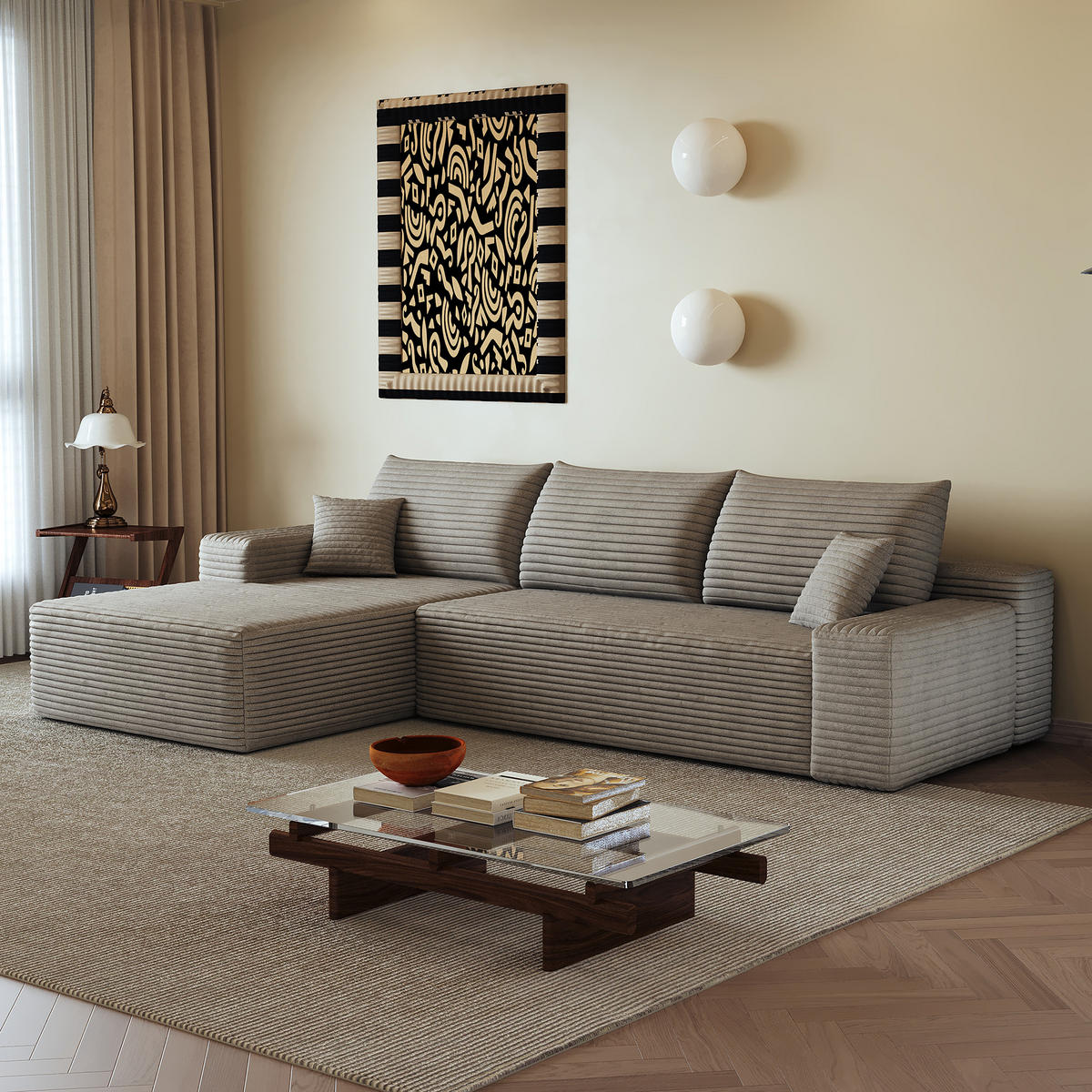 ECKSOFA 270/175/83 cm Kamel Cord mit Chaiselongue, Linke Seite - Braun/Cappuccino, Textil (270/175cm) - Oxeza