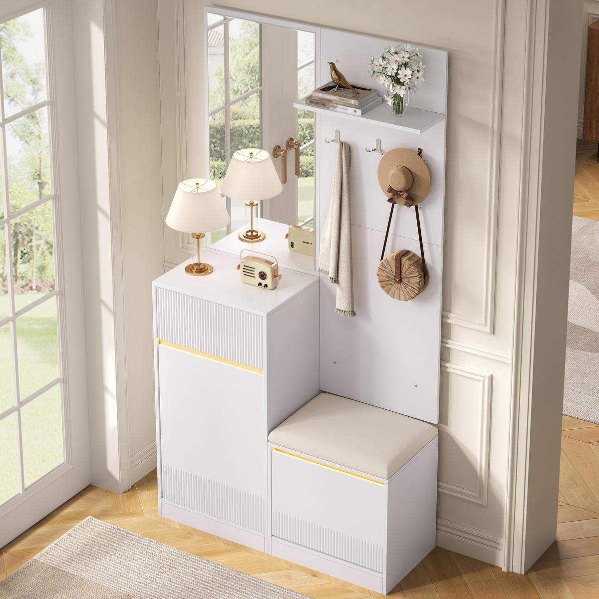 GARDEROBE mit Spiegel, Schuhschrank, Schuhbank und LED - Weiß, Holzwerkstoff (105/190/38cm) - FLIEKS