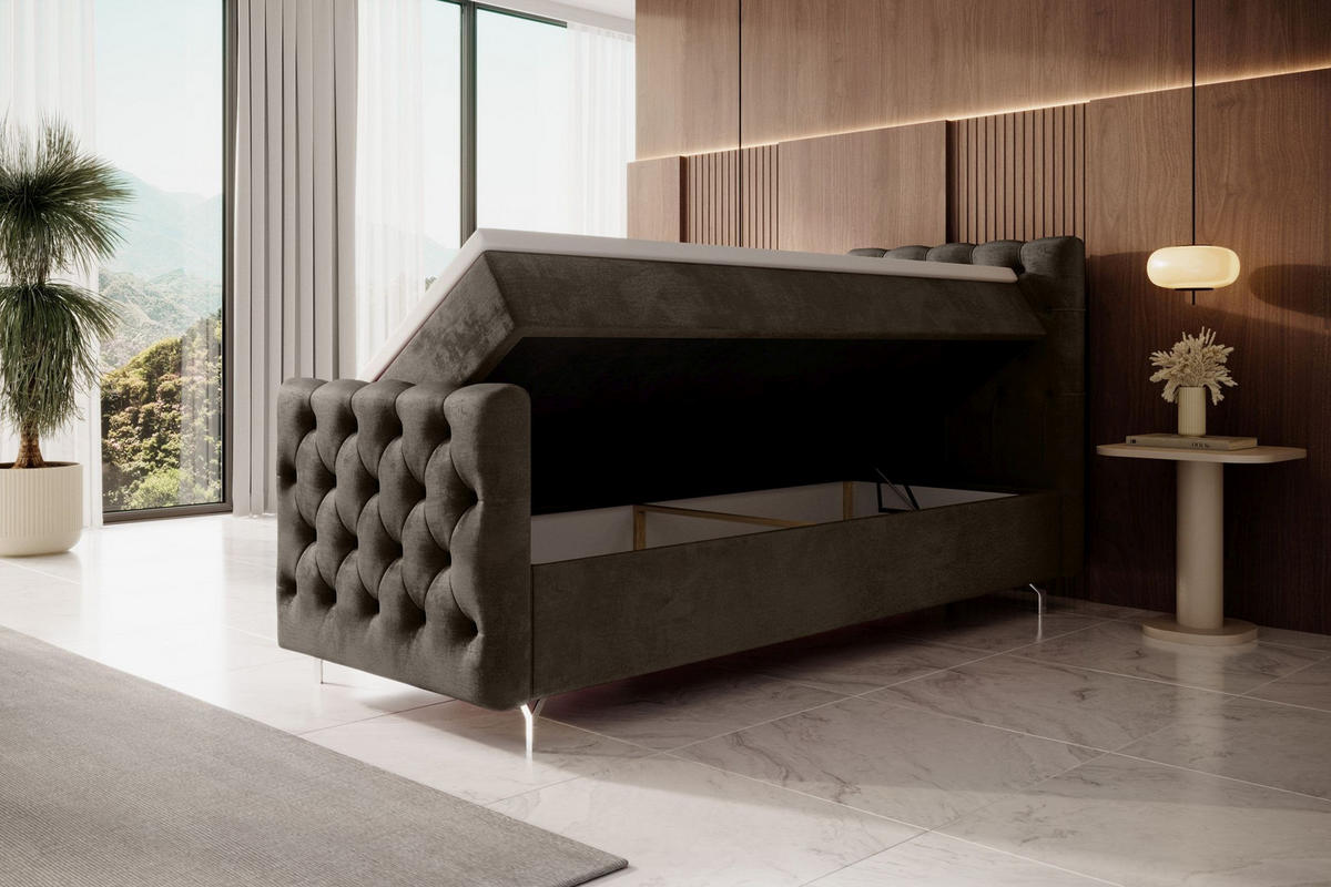 BOXBETT CHESTER PLUS mit Matratze H3, Bonell und Topper 80x200 Monolith 15 Rechts - Braun, Textil (80/200cm) - Bedante