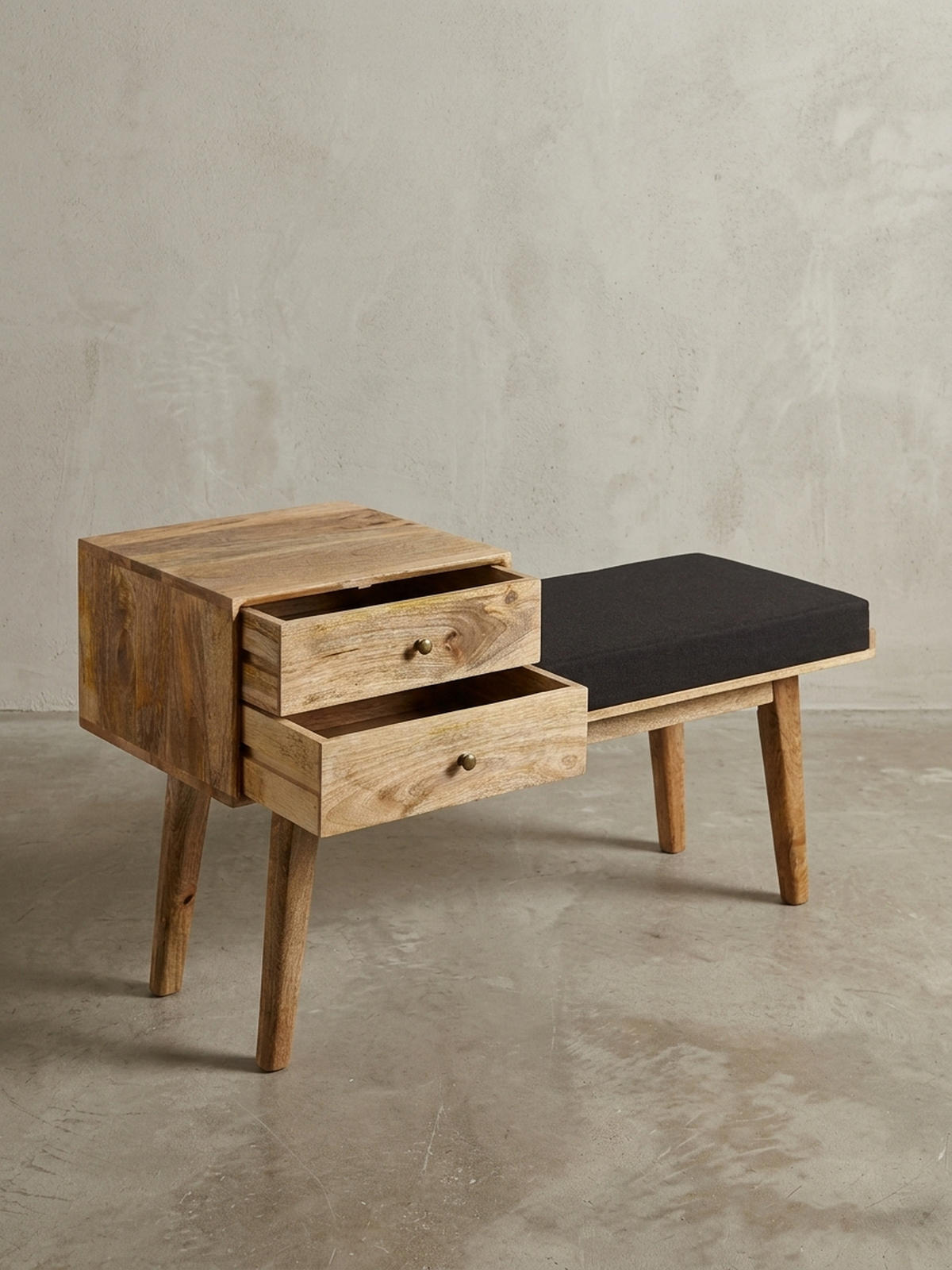 SITZBANK – Mango Holz, Schwarz, Schubladen, Retro-Stil - Schwarz/Braun, Holz/Textil (120/65/40cm) - KADIMA DESIGN