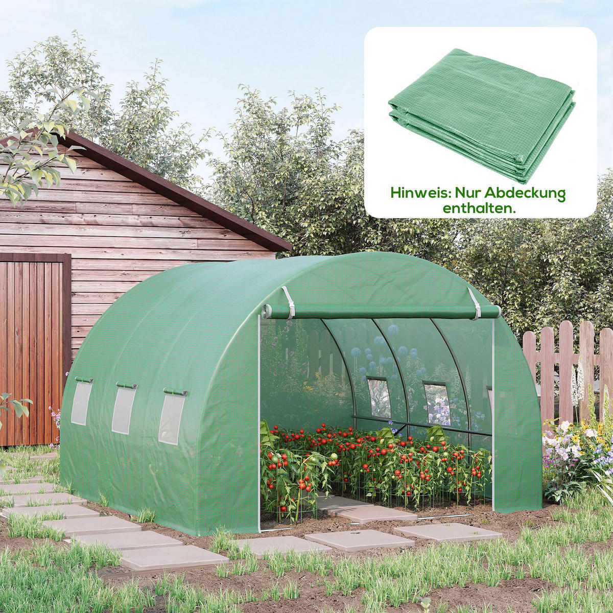 ERSATZFOLIE Ersatzabdeckung 300 x 300 x 200 cm mit Fronttür, 6 Fenster reißfest - Grün, Kunststoff (300/200/300cm) - Outsunny