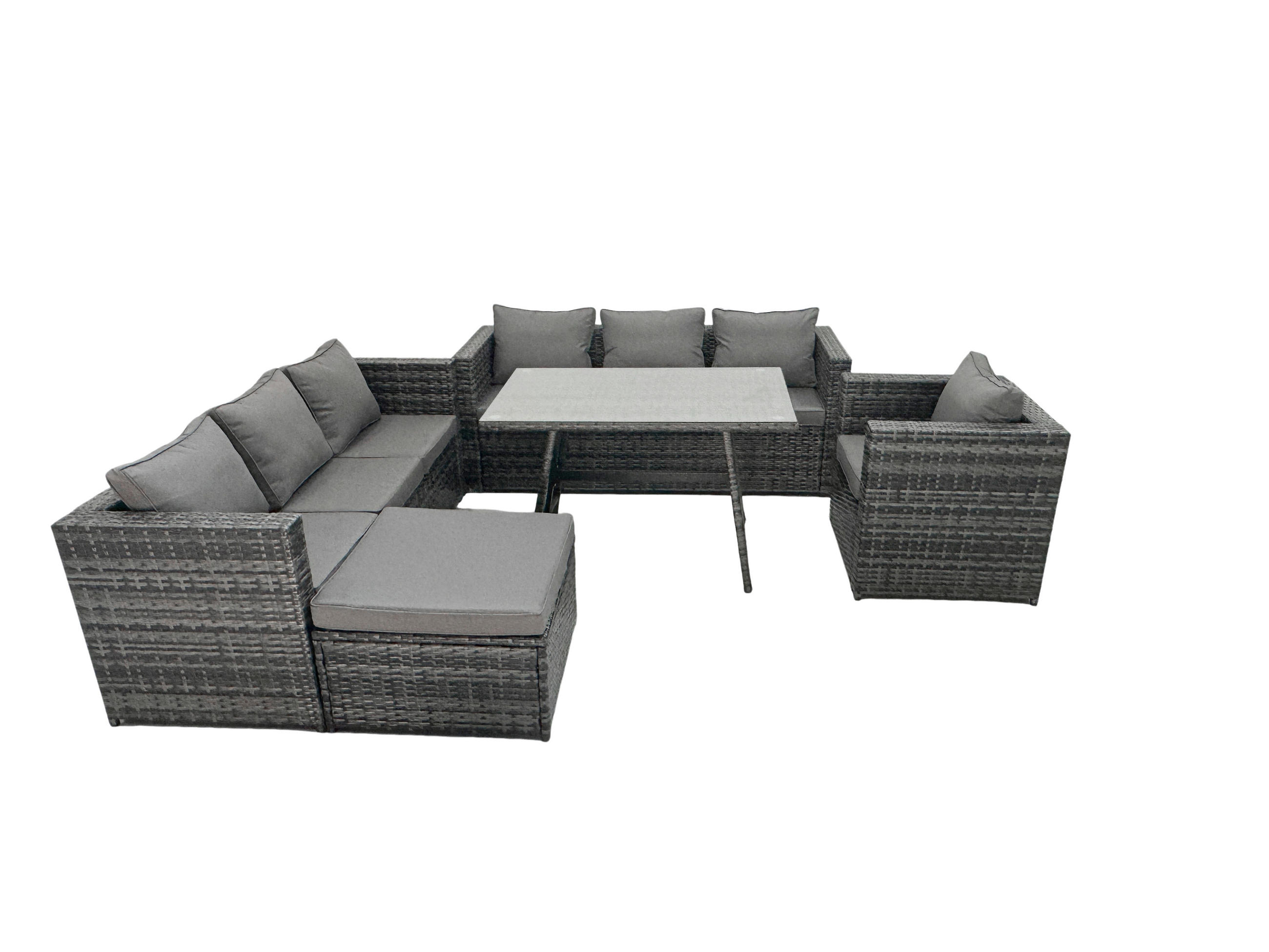 GARTENTISCHGRUPPE mit Stuhl Polyrattan 9-Sitzer - Dunkelgrau/Grau, Glas/Kunststoff - Fimous