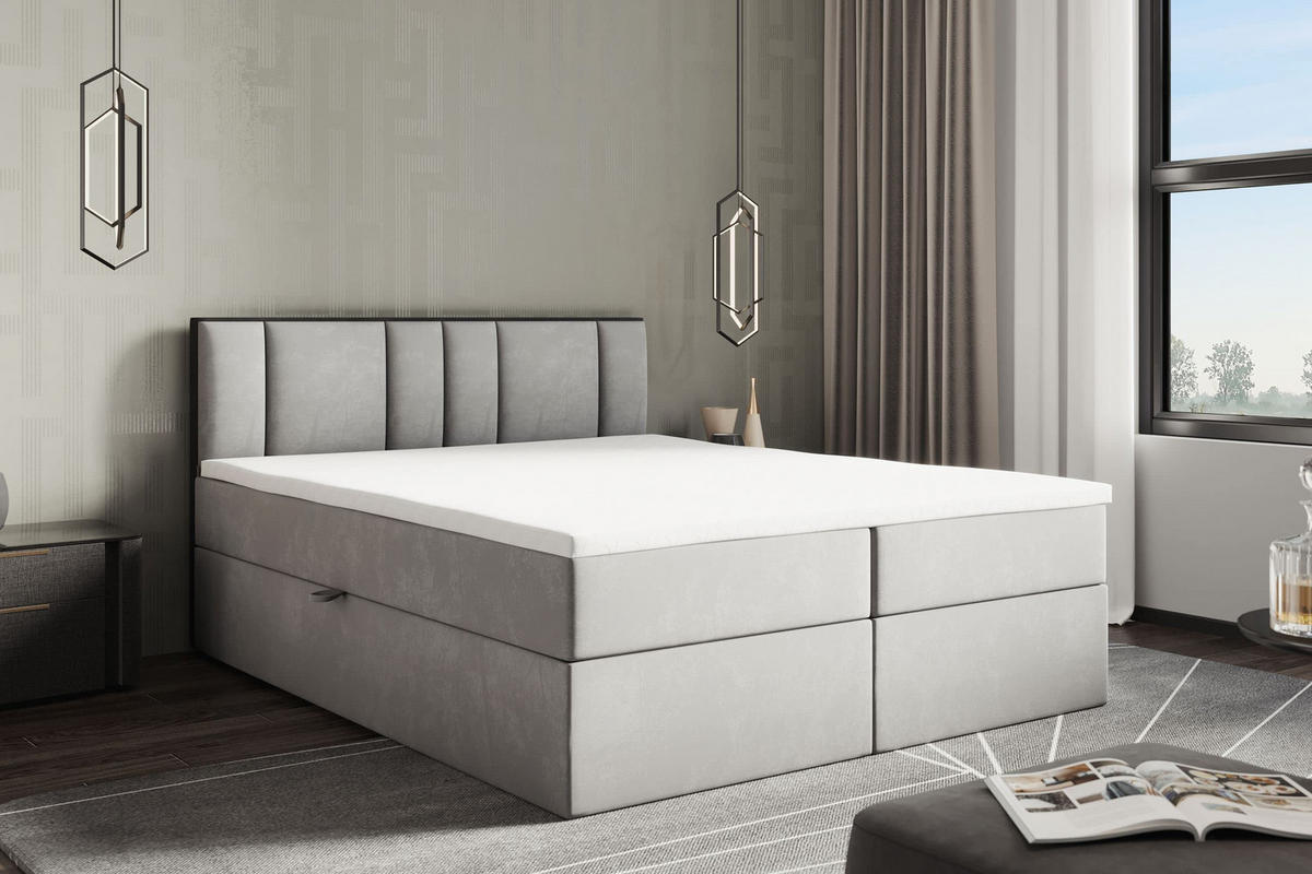 BOXBETT 200 x 200 cm mit H3 Taschenmatratze TRAPANI, Topper 5 cm und Bettkasten, Grau - Grau, Holz/Textil (200/200cm) - Trada