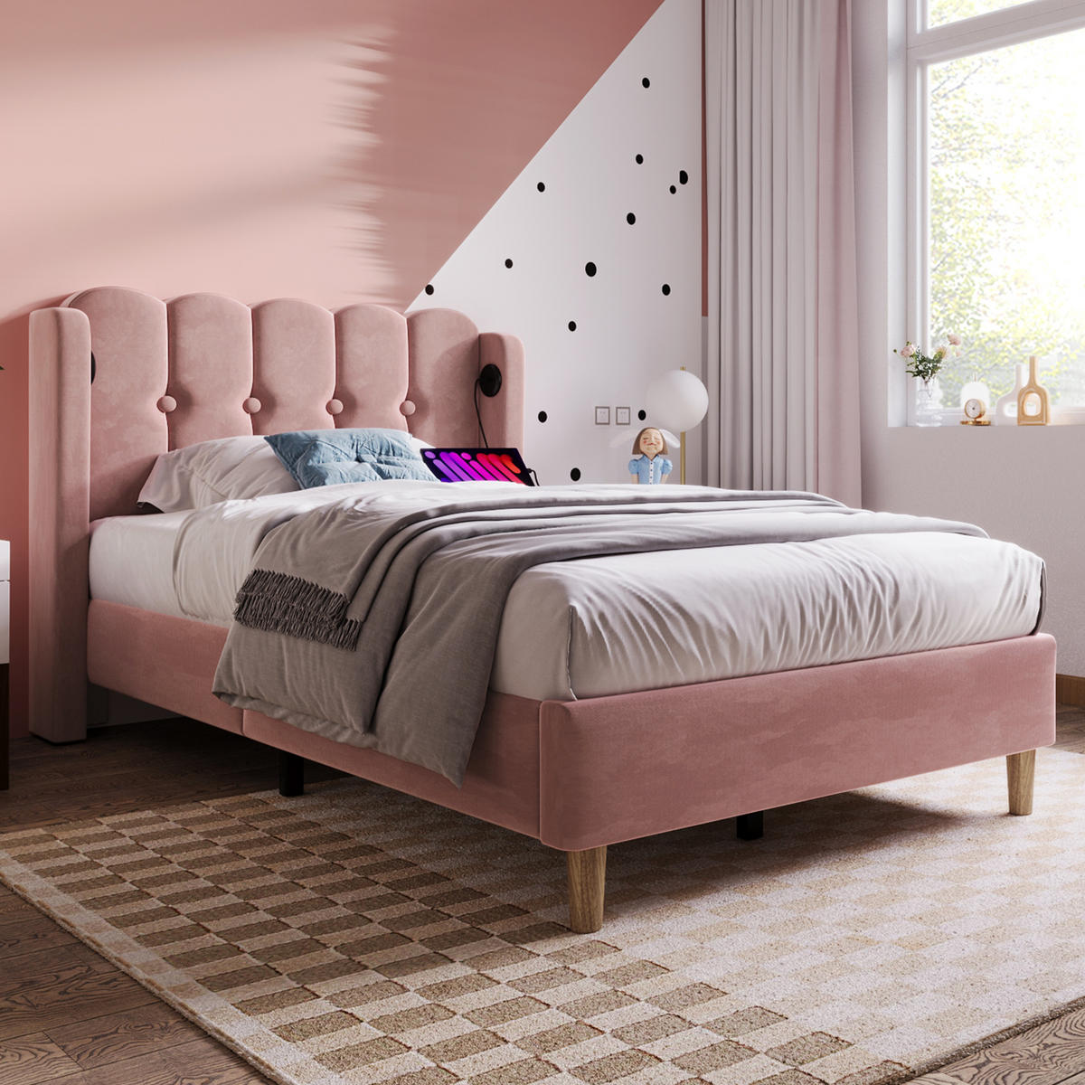 POLSTERBETT 90/200 cm in Rosa Samt mit USB Typ C Ladefunktion - Pink, Holz/Textil (90/200cm) - KOMHTOM