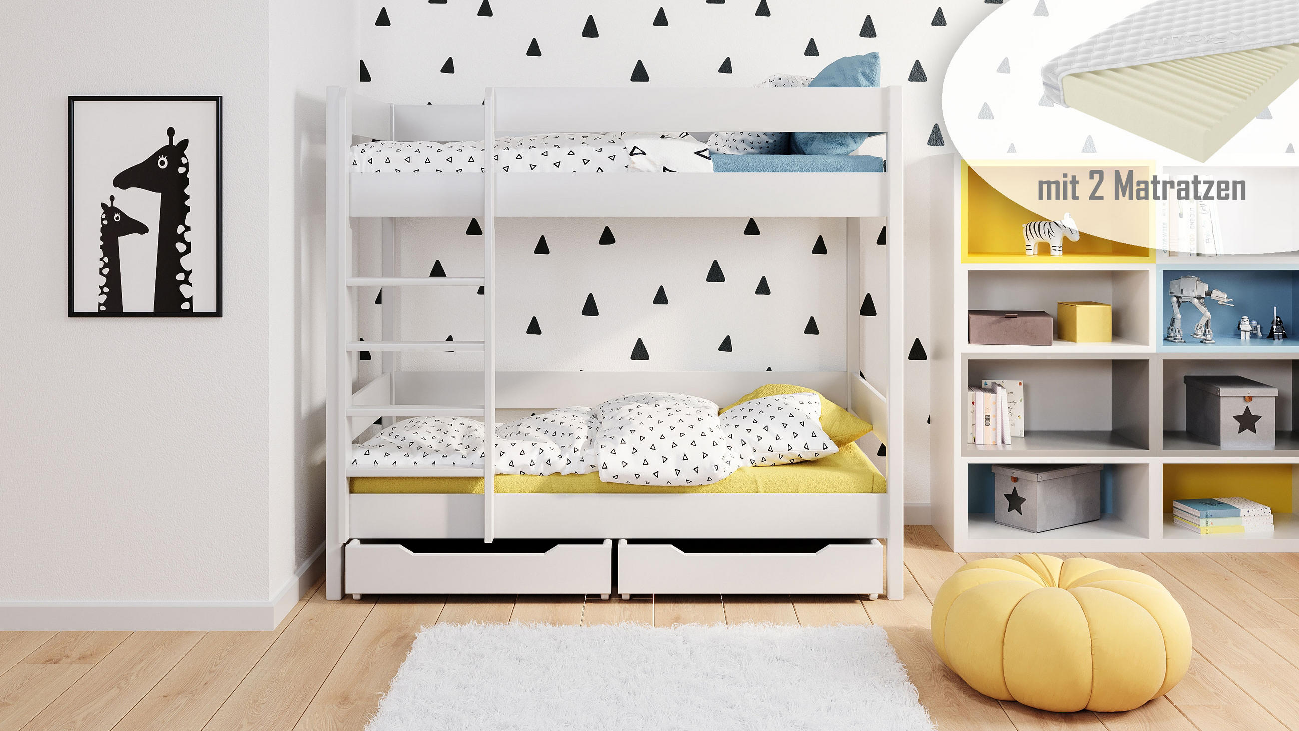 ETAGENBETT Diego 140x70 weiß mit Schubladen und Matratzen - Weiß, Holzwerkstoff (70/140cm) - LUKDOM