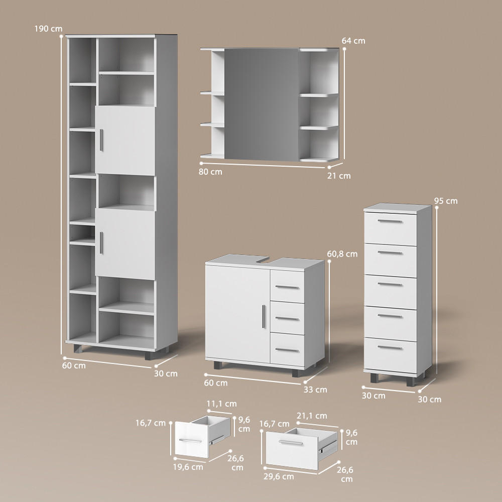 Thumbnail - Livinity® Badmöbel-Set, Weiß, Holzwerkstoff, 20 Fächer, 8 Schubladen, Rechteckig, 60x60x33 cm, Badezimmer, Badmöbelsets ...