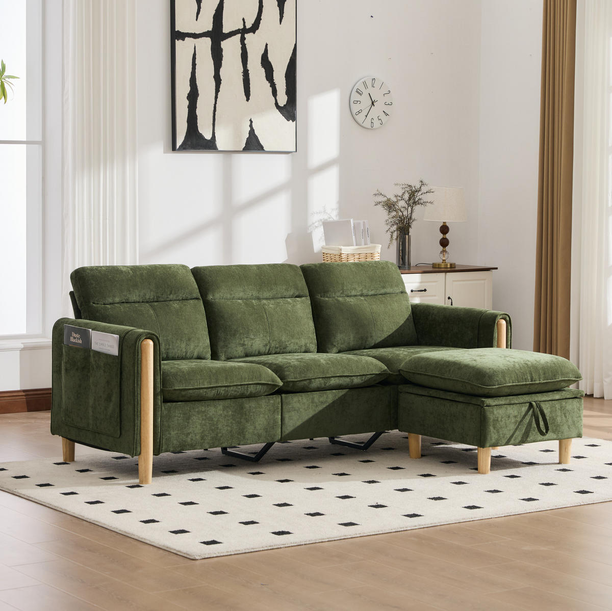 SOFA L-Form mit Stauraumhocker 201 cm Grün - Grün, Holz (77/201cm) - Meubliv