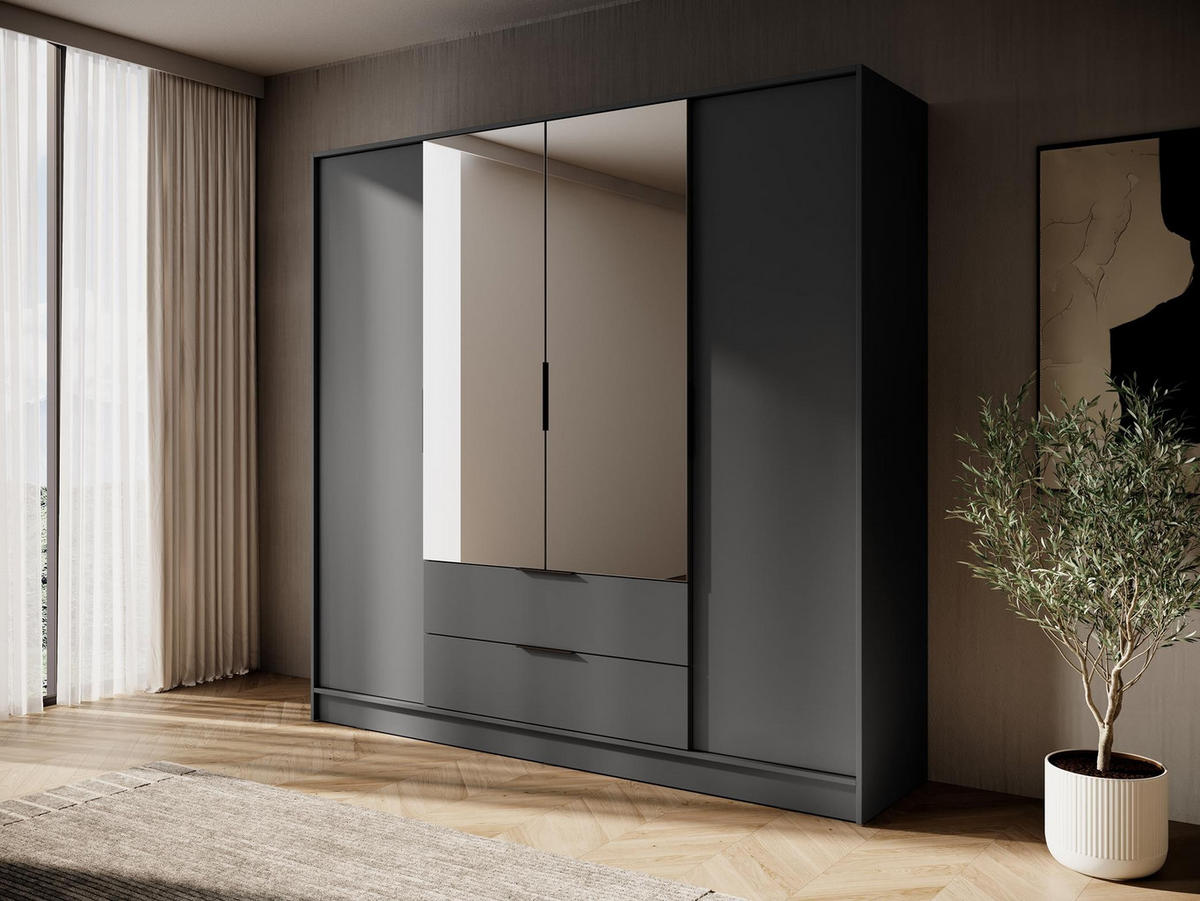 KLEIDERSCHRANK Lyke, Graphit, Schrank mit Spiegel - Graphitfarben, Holzwerkstoff (206/200/51cm) - Bettso