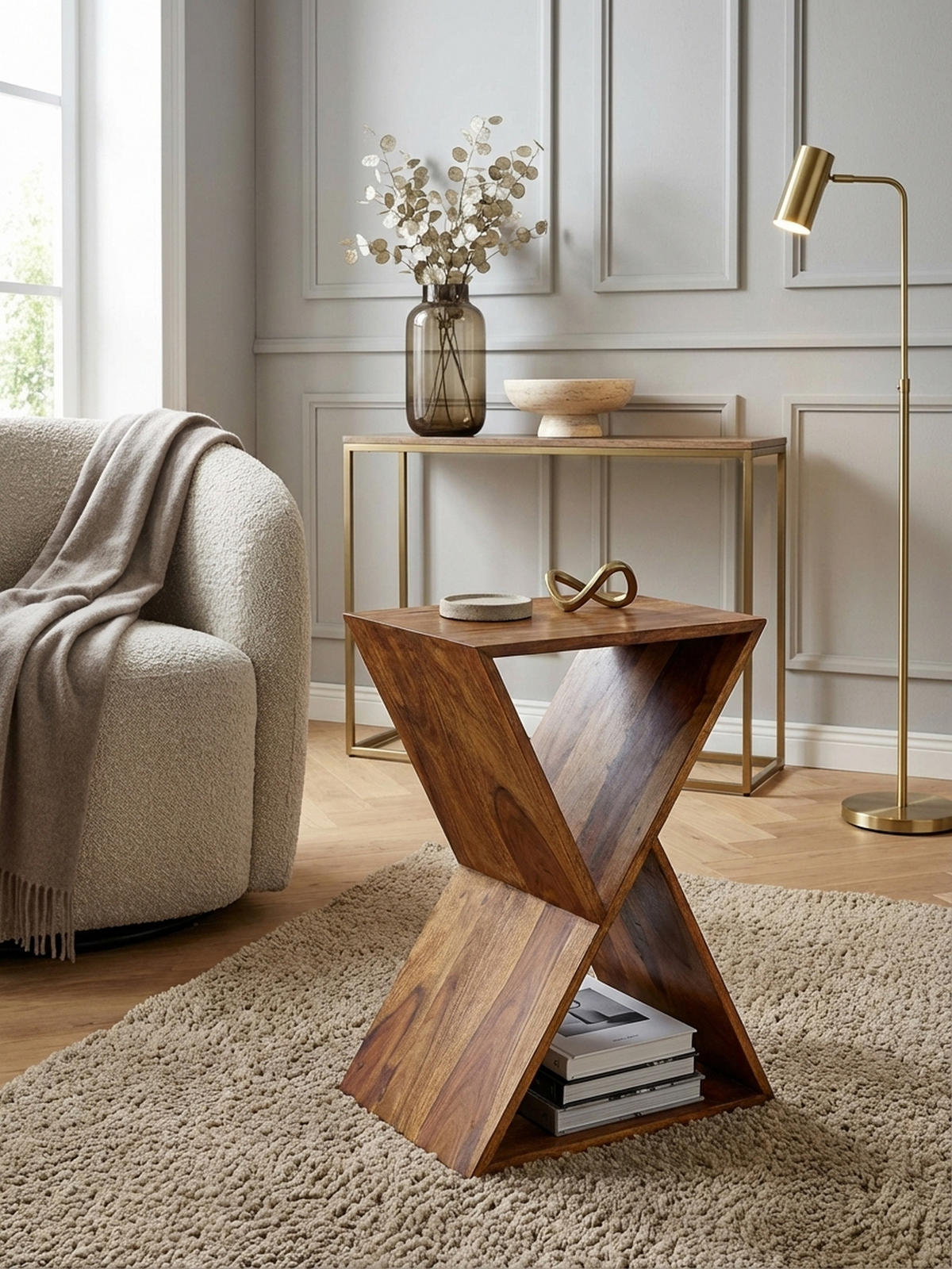 BEISTELLTISCH – Massivholz Braun X-Gestell mit 2 Ablagen - Braun, Holz (30/43/60cm) - KADIMA DESIGN