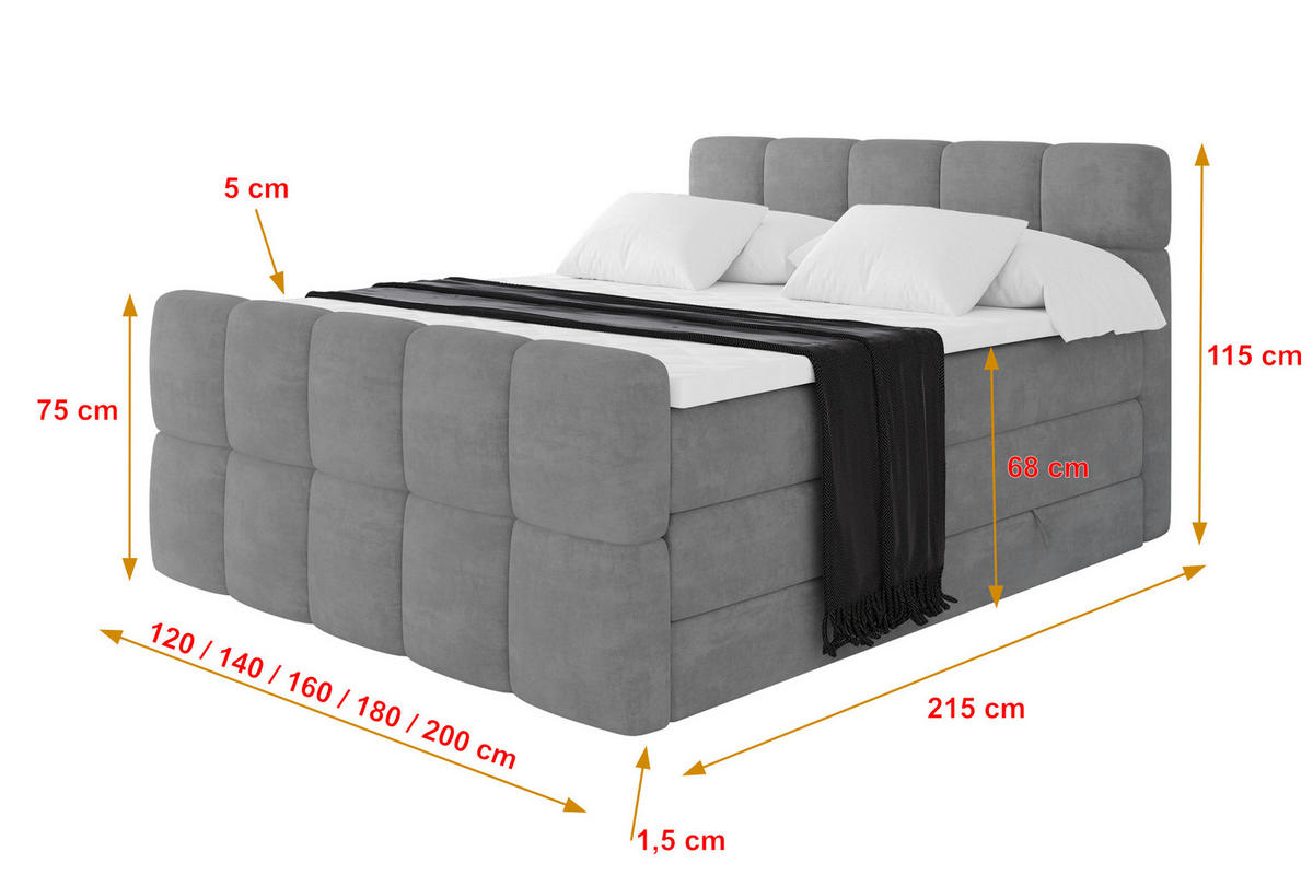 BOXBETT mit Matratze H3/H4 - FAMA-Z KING - 160x200 cm Grau Monolith - Graphitfarben, Holzwerkstoff (160/200cm) - ALTDECOR
