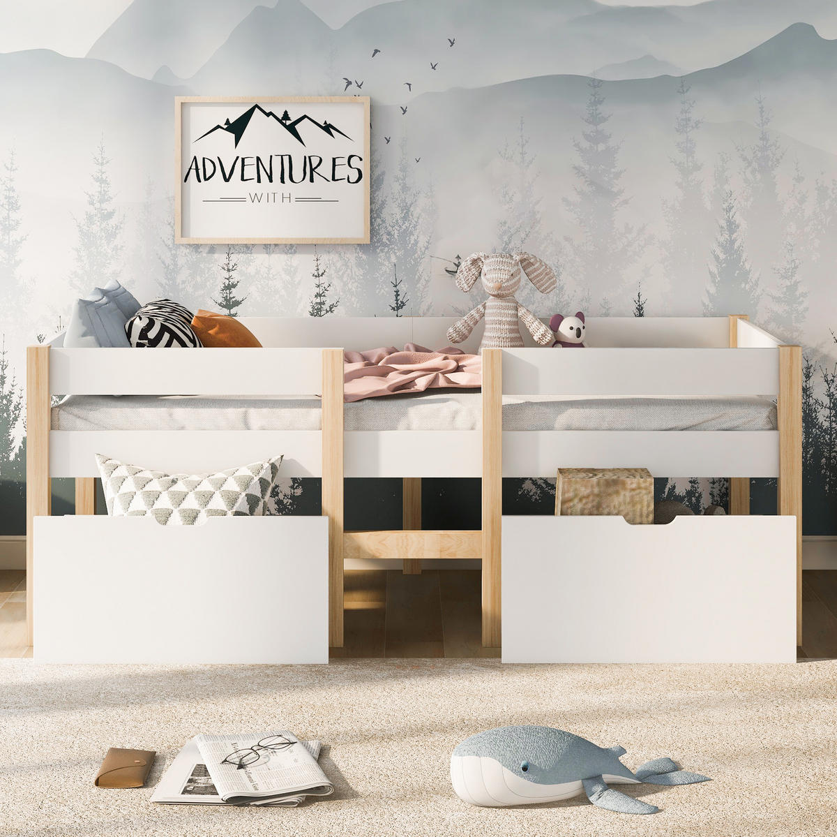 KINDERBETT 90/190 cm weiß Kiefernholz mit Schublade und Rausfallschutz - Weiß, Holz (90/190cm) - OKWISH