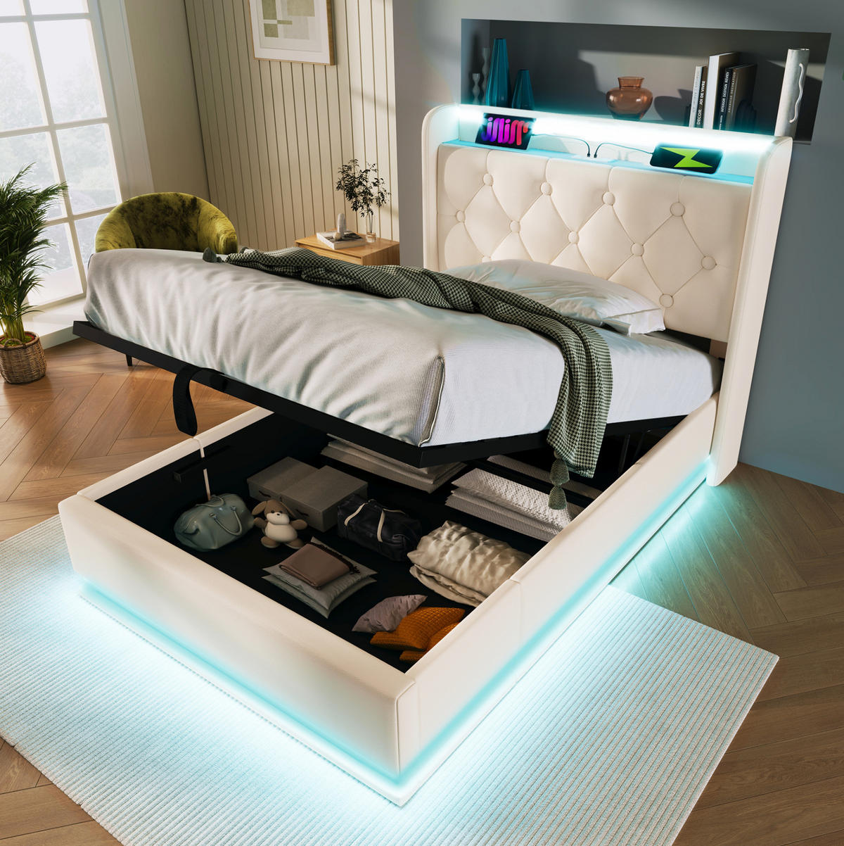 ČALÚNENÁ posteľ 90/200 cm biela s LED osvetlením USB a úložným priestorom z PU - biela, plast (90/200cm) - OKWISH