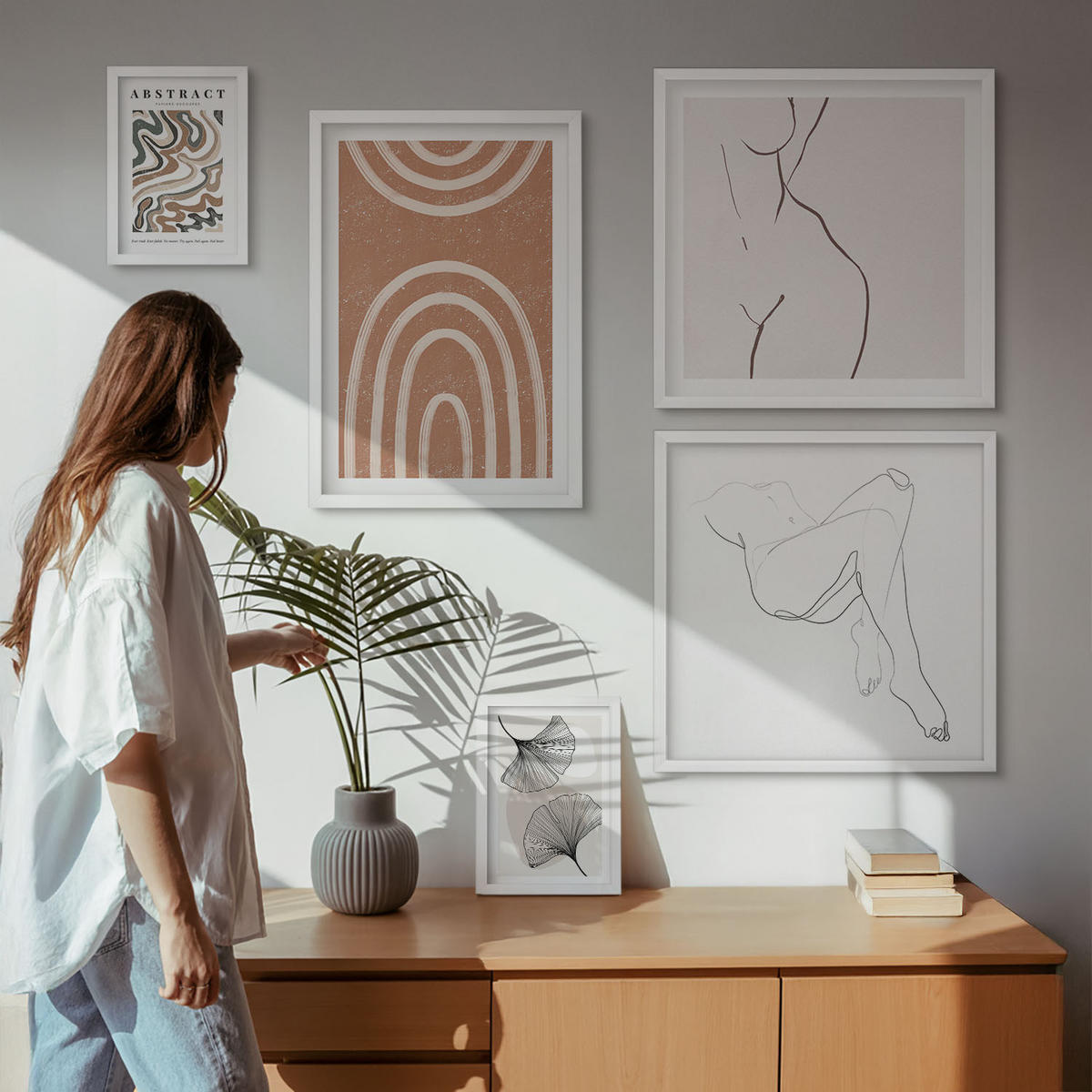 BILDER SET 5er Set - 50x50 cm & 20x30 cm & 40x60 cm Weißer Rahmen - Abstrakte Boho-Blattformen - Weiß, Kunststoff (40/60cm) - TULUP