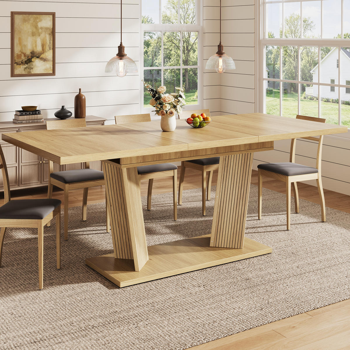 ESSTISCH Naturfarben 160×80×76 cm ausziehbar mit geriffelten Stützbeinen aus Holzwerkstoff - Naturfarben, Holzwerkstoff (80/160/76cm) - Luhomfu