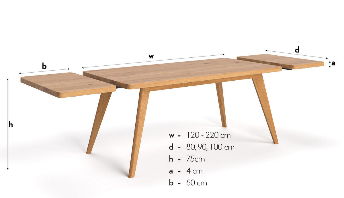 TISCH Ausziehbar Grace aus massivem Eichenholz 200x90 cm + Tischverlängerung 1x50 cm - Eichefarben/Braun, Holz (200/90/75cm) - Danzz