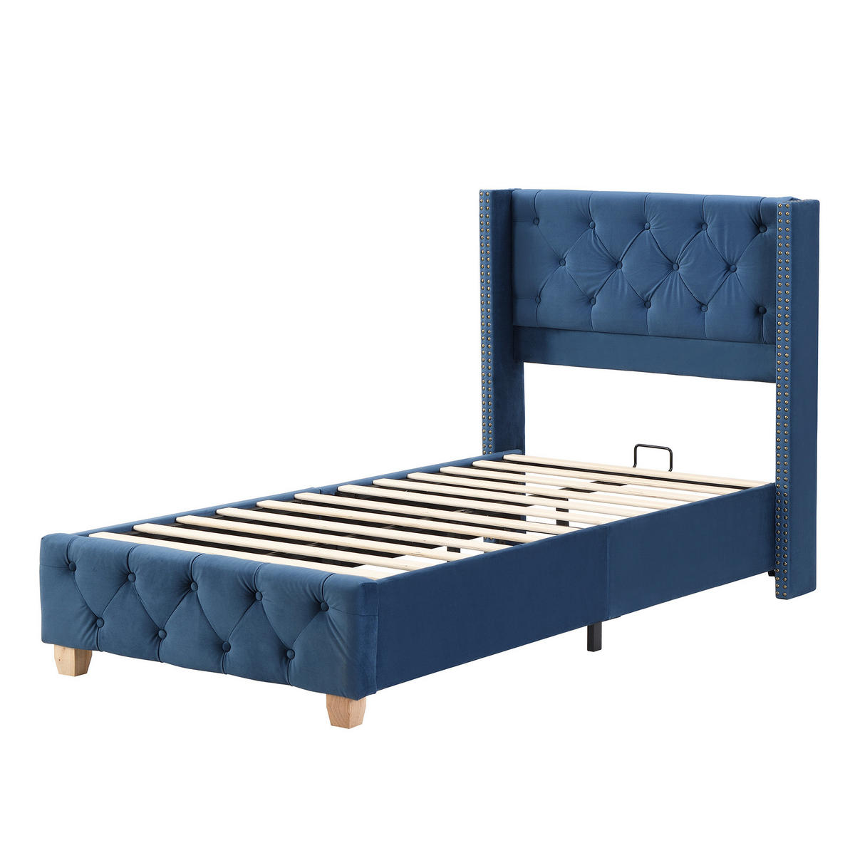 TAPECIRANI krevet 90/200 cm plavi od baršuna s uzglavljem i letvičastom podlogom - plava, tekstil (90/200cm) - OKWISH