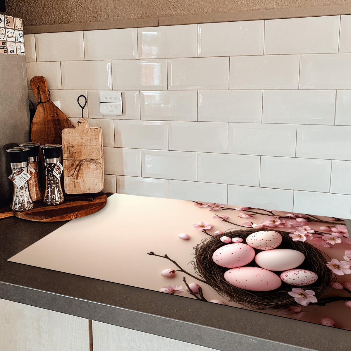 HERDABDECKPLATTE Rosa - Blüten - Eier Ceranfeldabdeckung 85x52 cm - Hellrosa, Kunststoff (85/52/0.2cm) - MuchoWow