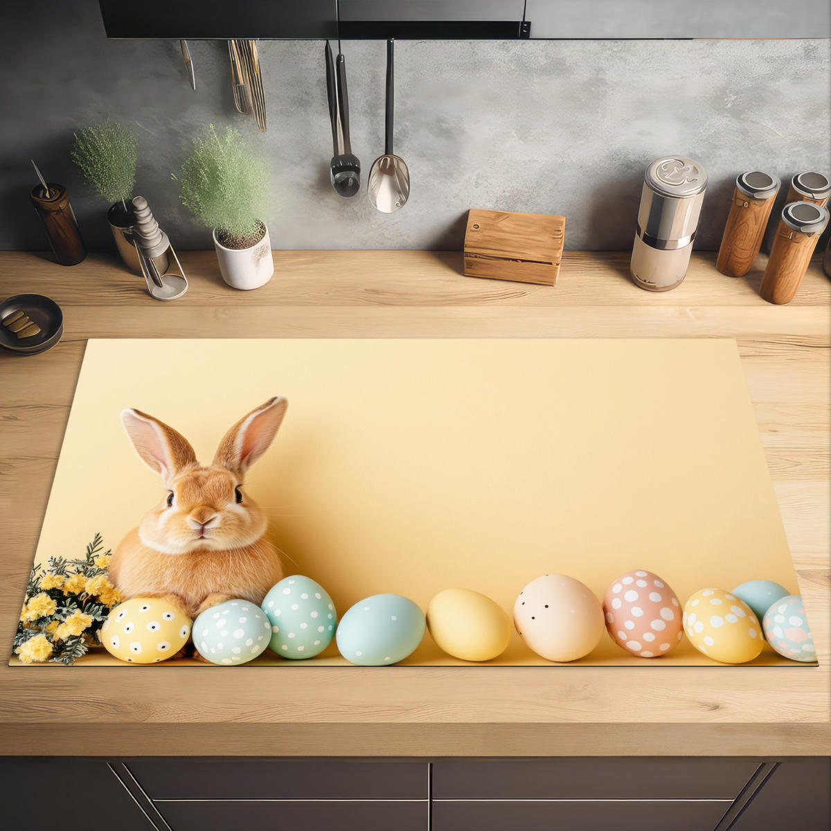 HERDABDECKPLATTE Eier - Kaninchen - Pastellfarbtöne Induktionsschutz 91.2x52 cm - Hellgelb, Kunststoff (91.2/52/0.2cm) - MuchoWow