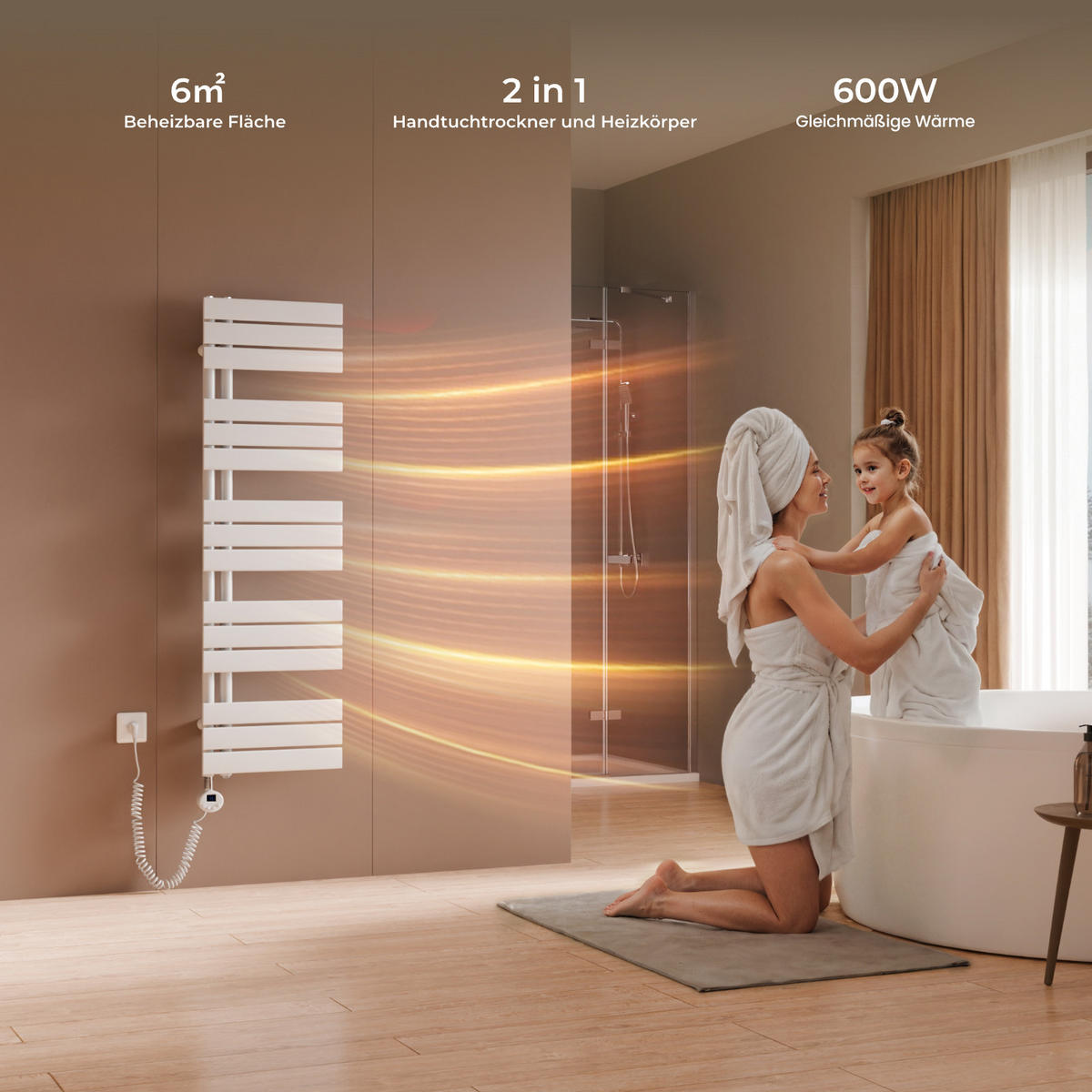 HANDTUCHHEIZKÖRPER 132/40 cm weiß elektrisch 600 W mit WLAN-Thermostat - Weiß, Metall (40/132/5.9cm) - S'AFIELINA