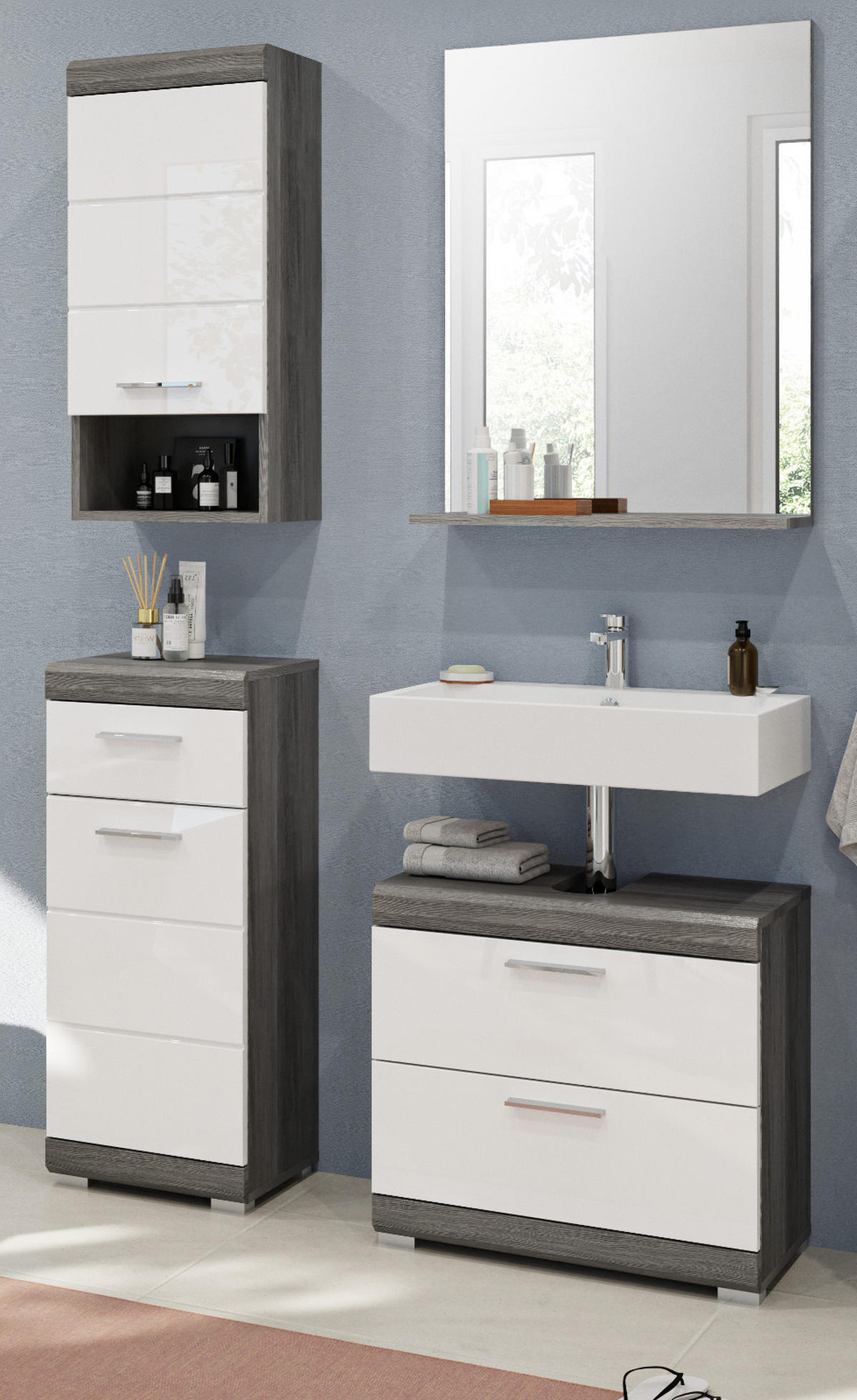 BADMÖBEL-SET weiß Hochglanz, grau 4-teilig 112 cm, Kombination mit viel Stauraum - Weiß Hochglanz/Grau, Holzwerkstoff (112/191/34cm) - Inn.Furn