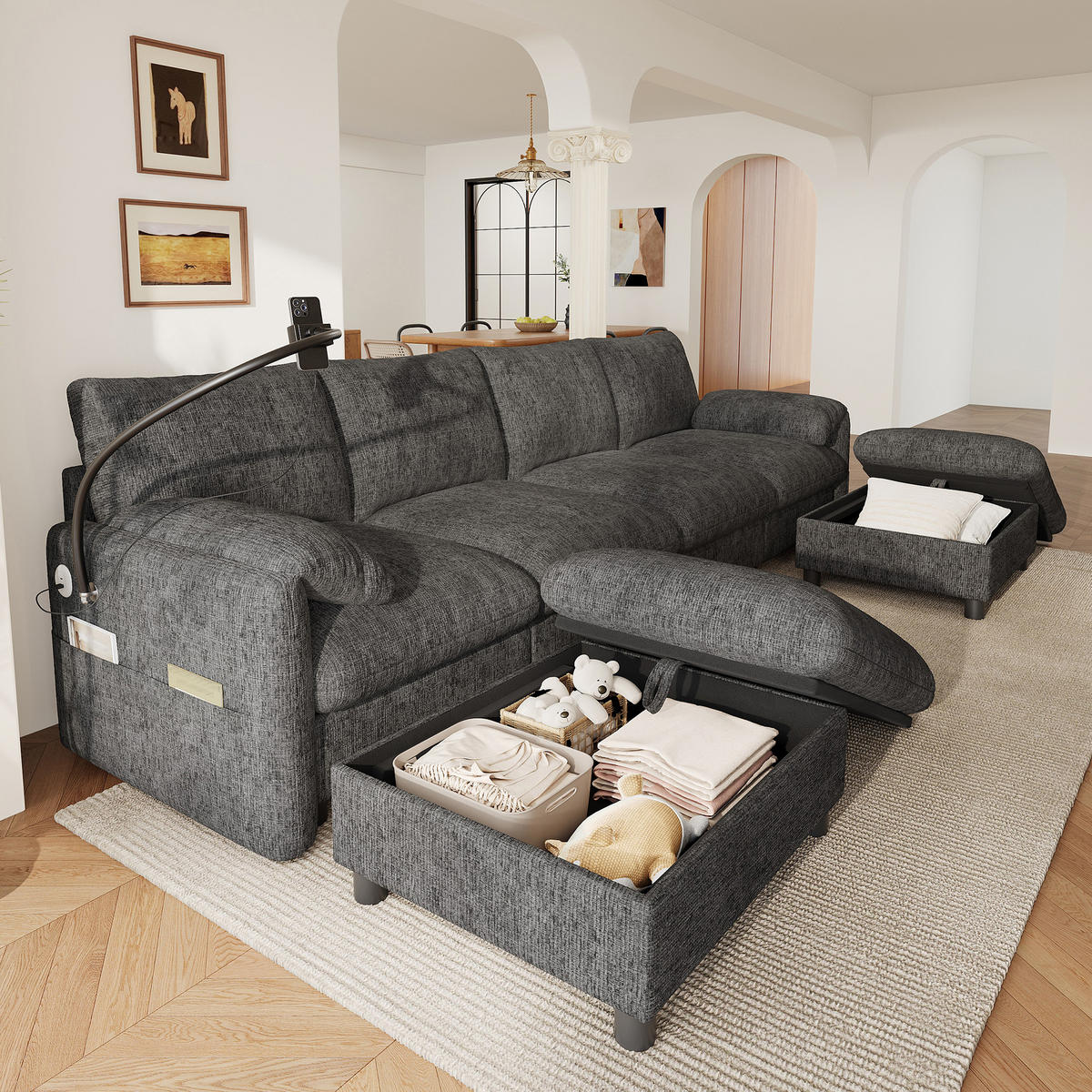 SCHLAFSOFA mit modularer U-/L-Form, 6 Sitzen, Stauraum-Hockern und USB Type-C - Grau, Textil (273.5/81/133cm) - EVRYAE
