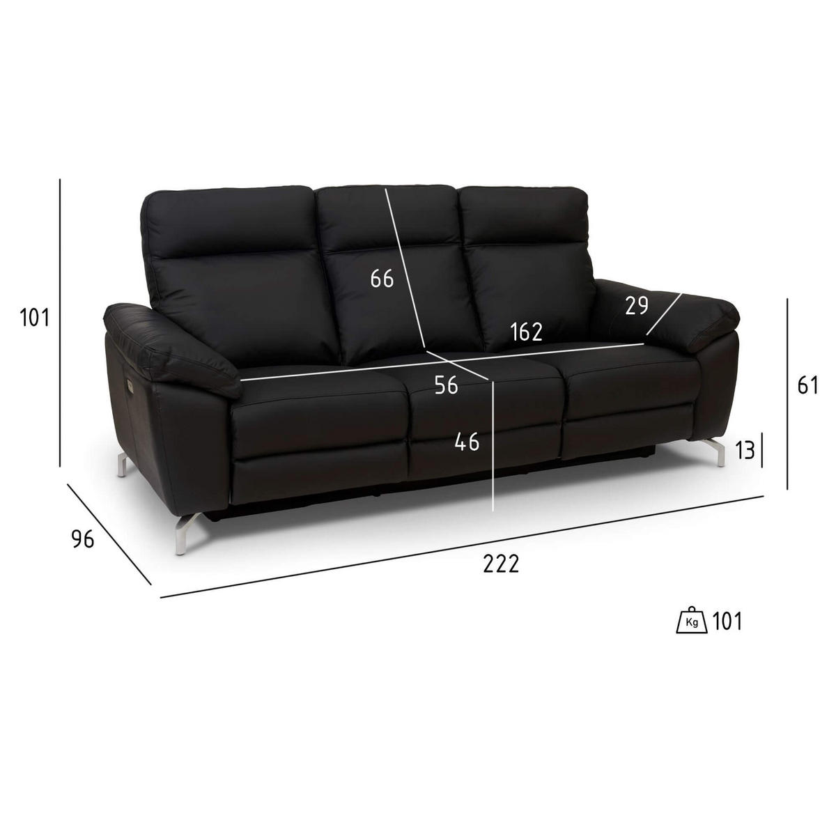 DREISITZER-SOFA Echtleder Schwarz - Schwarz, Leder/Metall (222/101/96cm) - Furnhouse