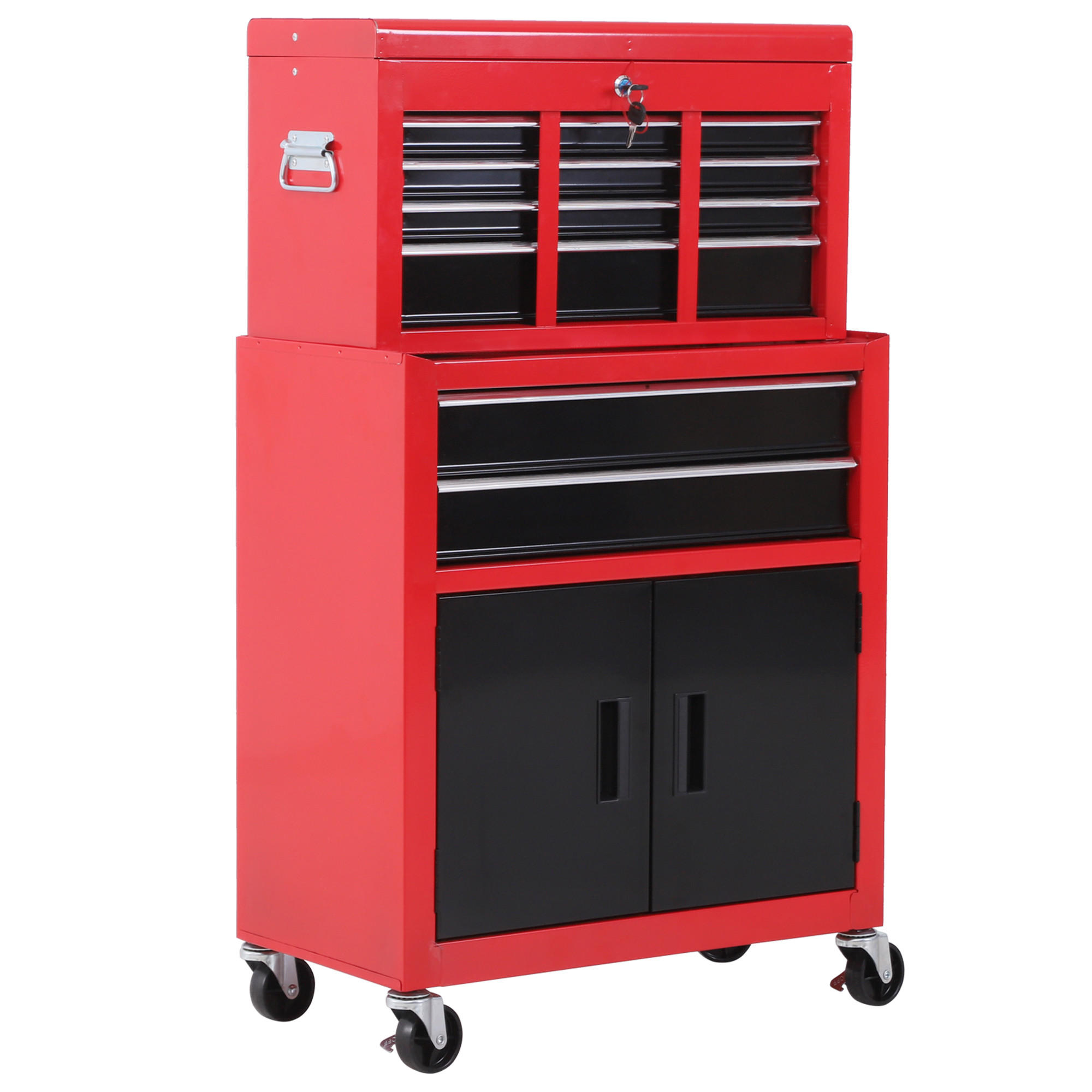 WERKSTATTWAGEN mit Werkzeugkasten 2 Schlüssel Metall Rot+Schwarz - Multicolor, Metall (61.6/108/33cm) - HOMCOM