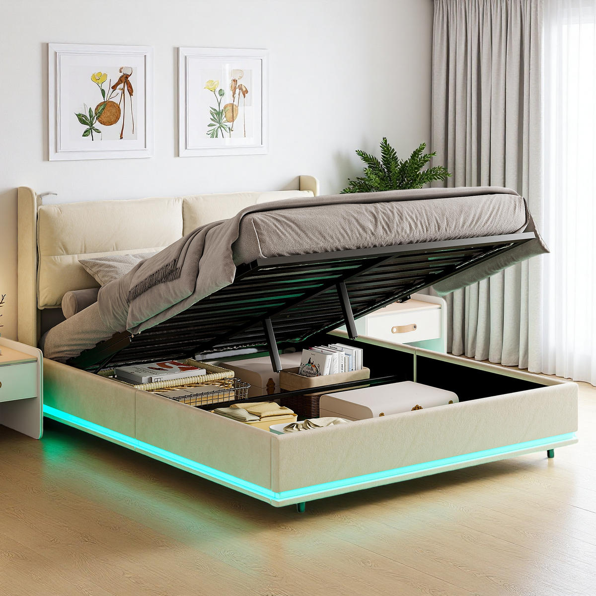 POLSTERBETT 140x200 cm LED USB Lattenrost Stauraum beige - Beige, Holz (140/200cm) - LEBENLANG