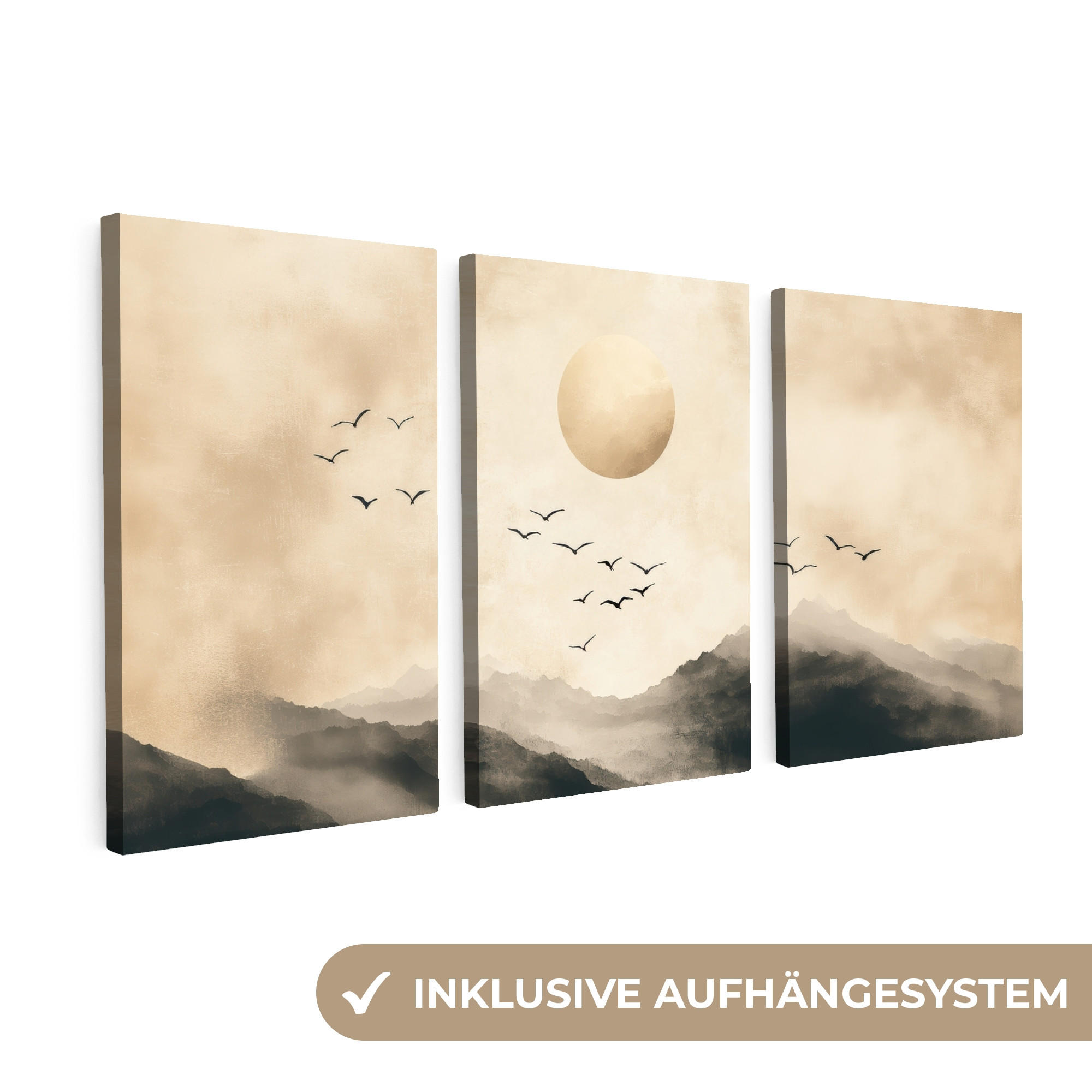 LEINWANDBILD 3er Set Landschaft - Japandi - Beige - Vögel 240x120 cm - Beige, Textil (240/120cm) - MuchoWow