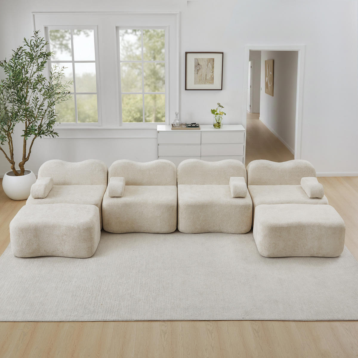 WOHNLANDSCHAFT Samt Beige mit Hocker - Beige, Textil (384/70/167cm) - WISHDOR
