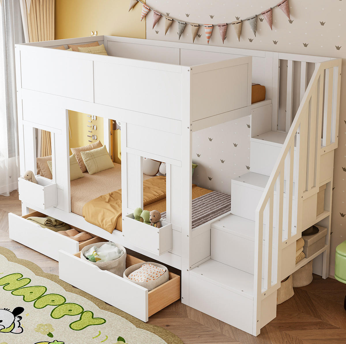 PATROVÁ postel 90/200 cm bílá ze dřeva se schody a úložným prostorem - bílá, kompozitní dřevo (90/200cm) - OKWISH