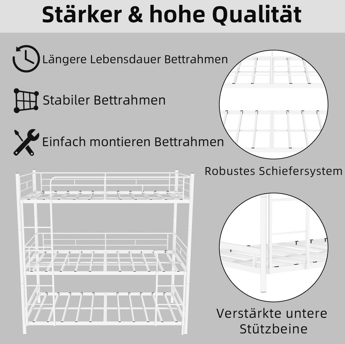 DREIFACH-ETAGENBETT 90/180 cm weiß aus Eisen mit Leiter und Rundum-Schutzgeländer - Weiß, Metall (90/190cm) - OKWISH