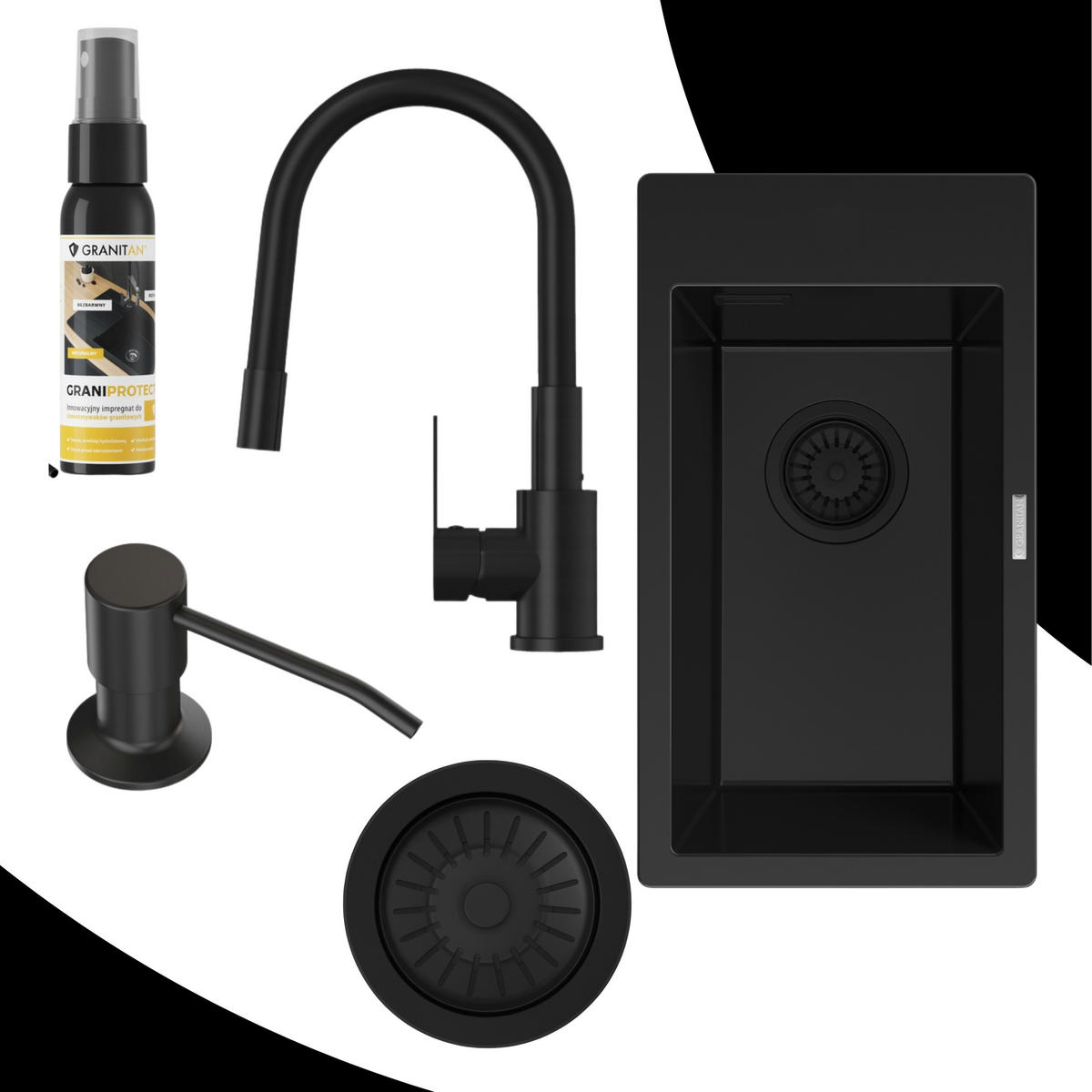 SPÜLBECKEN Solo 5-tlg. Granit Schwarz Matt 280/500 mm - Schwarz, Stein (28/21/28cm) - Granitan