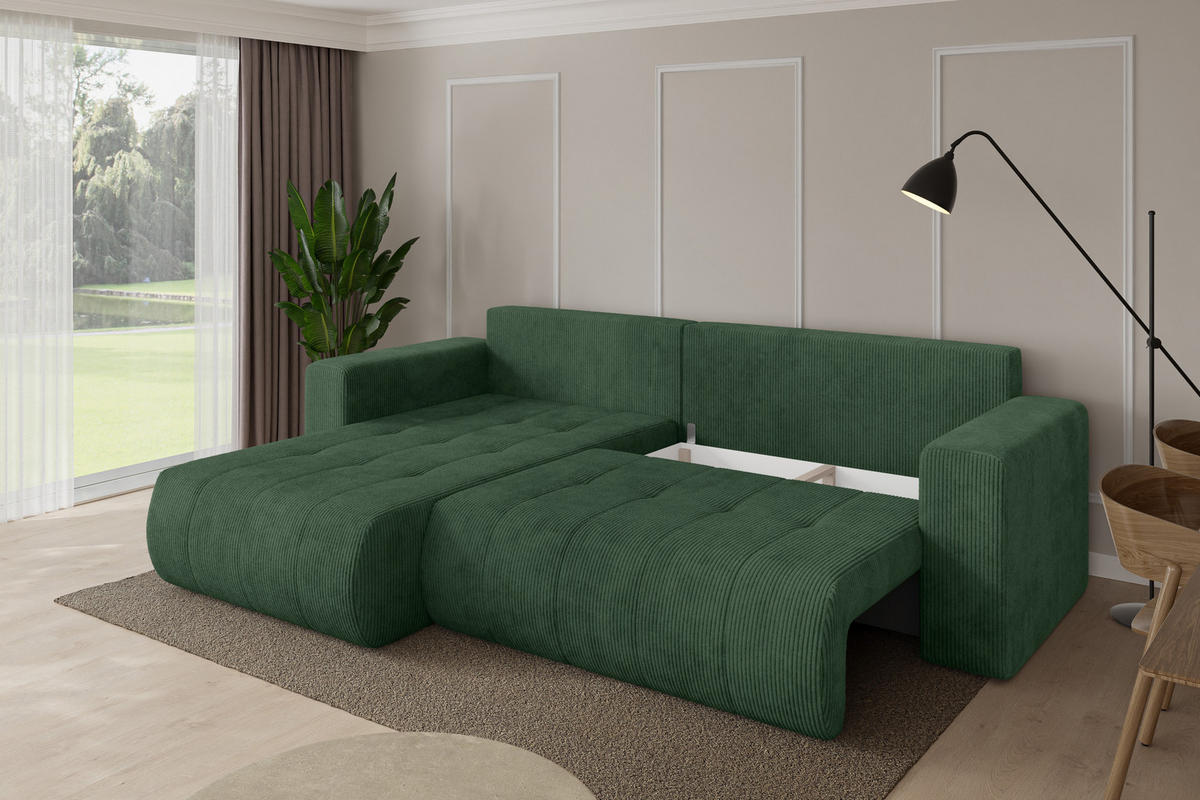 ROHOVÁ SEDAČKA s funkcí spaní, otoman vlevo MILA-L 277x194x86 zelená manšestr - černá/tmavě zelená, kompozitní dřevo/textil (277/194cm) - ALTDECOR
