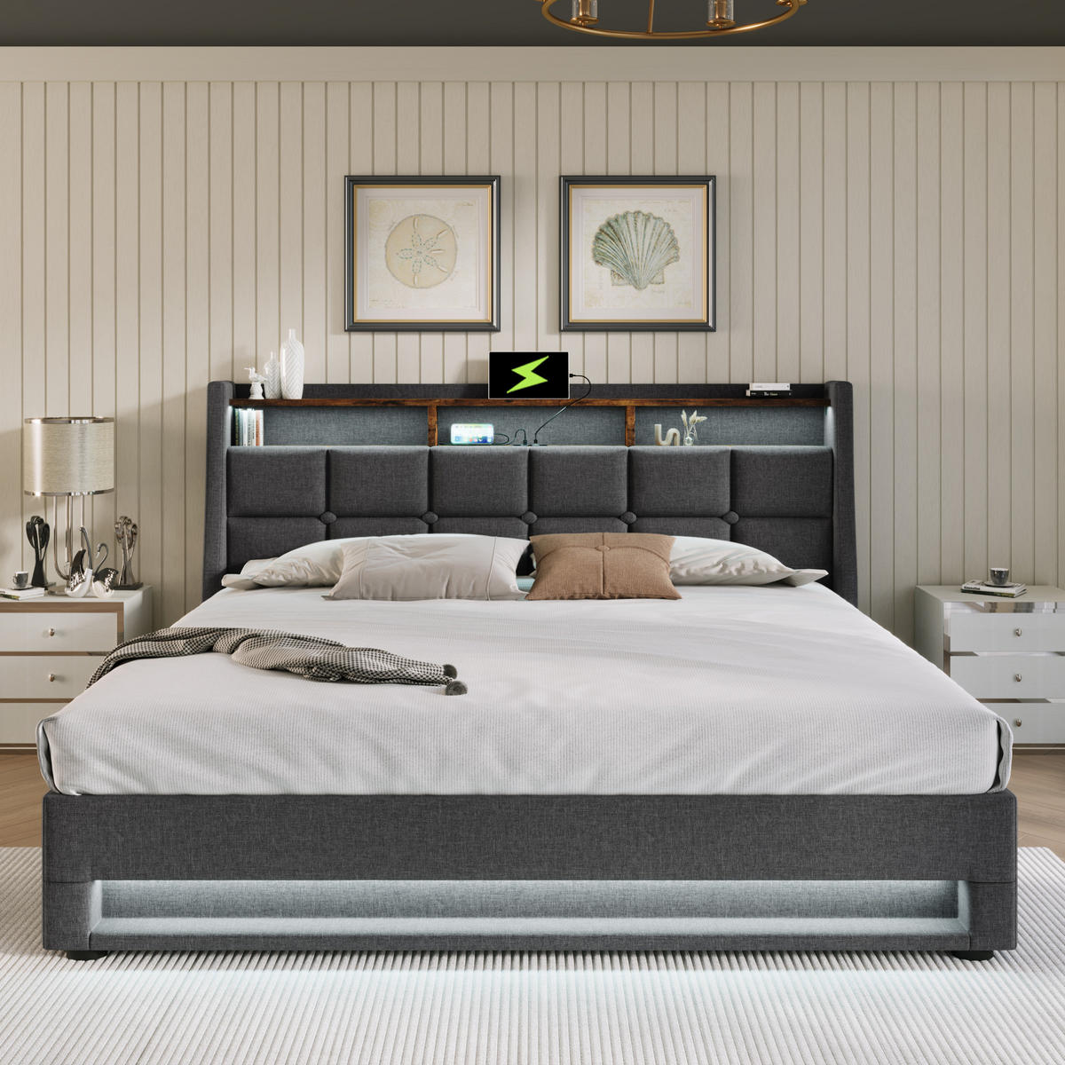 POLSTERBETT mit Stauraum und USB 160x200 cm Grau - Grau, Metall (160/200cm) - Meubliv