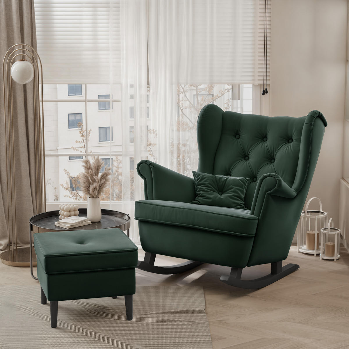 SCHAUKELSTUHL SCANDI mit hocker, 75/60/97 cm, Grün - Grün, Holz/Textil (75/97/60cm) - Idohome