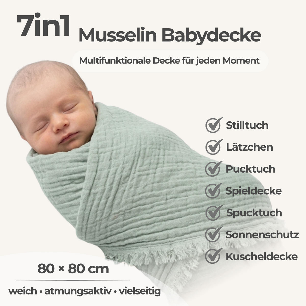 MUSSELINDECKE Babydecke Einschlagdecke Puckdecke Säuglingsdecke Stilltuch - Mintgrün, Textil (80/80cm) - nordic coast company