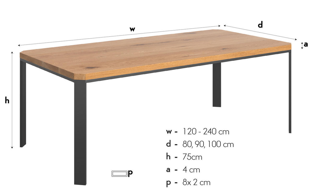 ESSTISCH Mart aus massivem Eichenholz 200x100 cm - Eichefarben/Schwarz, Holz/Metall (200/100/75cm) - Danzz