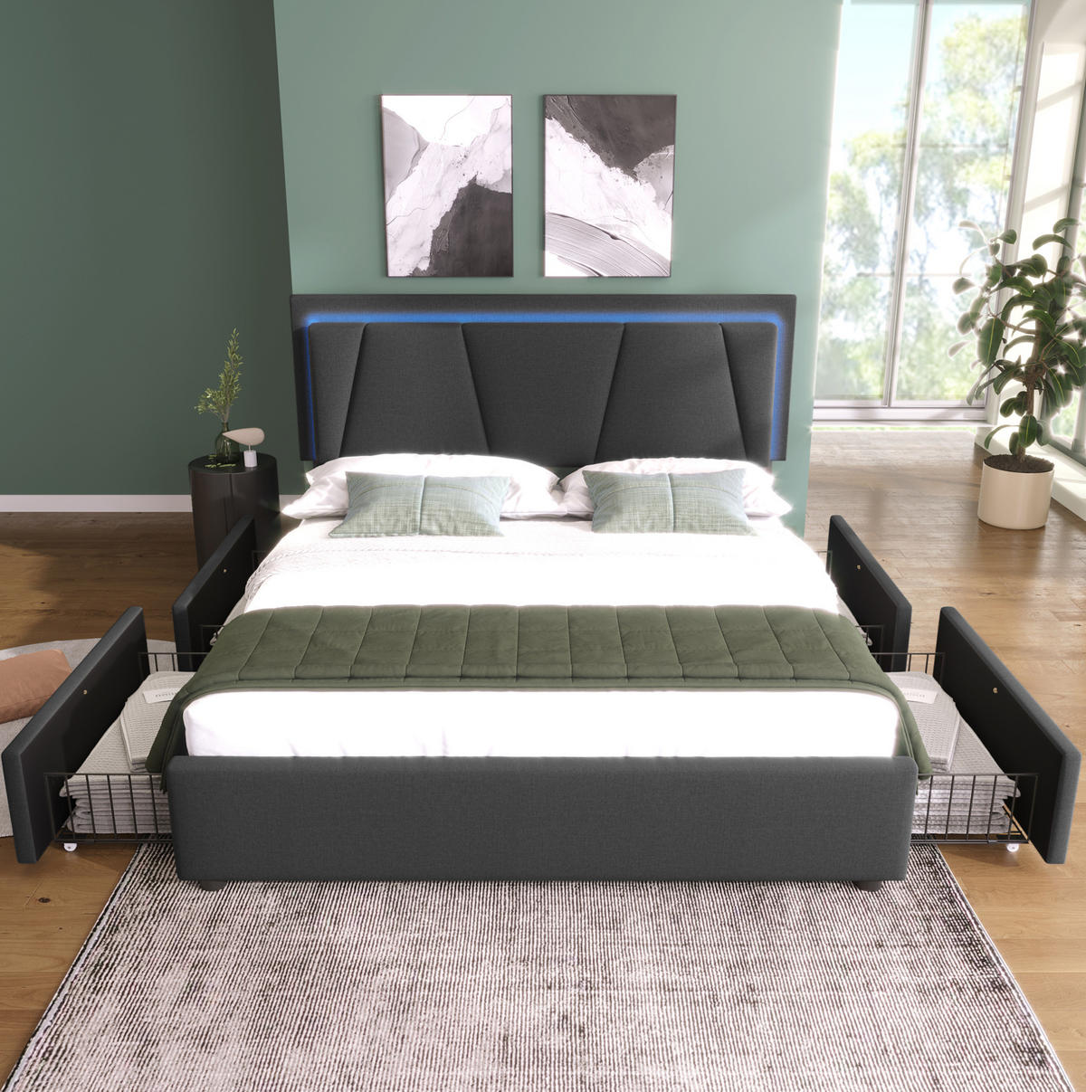 BETT mit LED und 4 Schubladen 140x200 cm Grau - Grau, Holz (140/200cm) - Meubliv