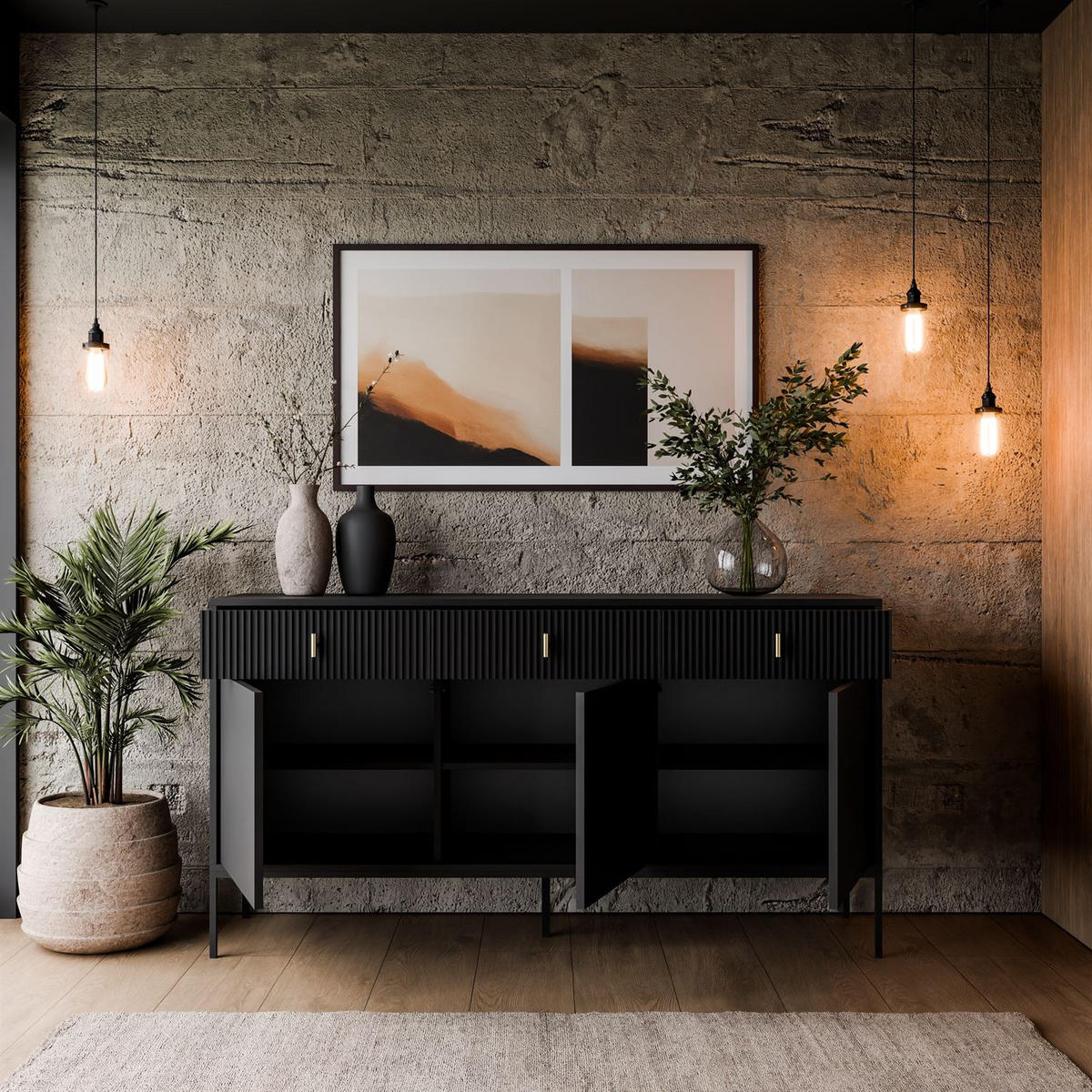 Kommode MIDNIGHT 3D3S mit drei Schubladen auf Gestell schwarz - Schwarz, Holzwerkstoff (154.5/82.5/39cm) - Lookway