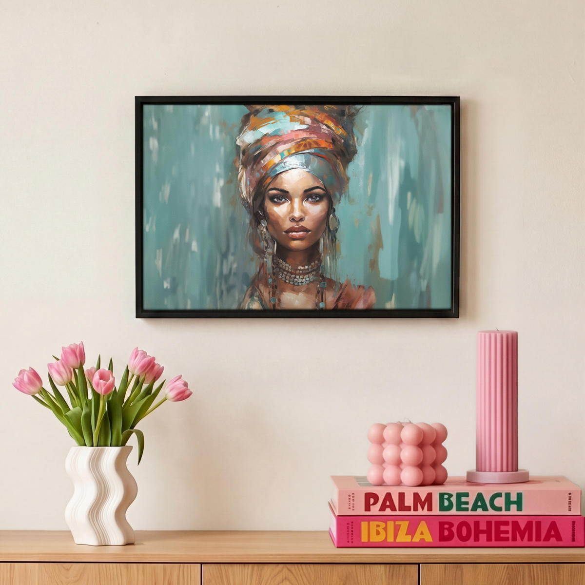 LEINWAND Bilder mit Rahmen - Frau - Kunst - Schmuck - Porträt - 30x20 - Blaugrau, Textil (30/20cm) - MuchoWow