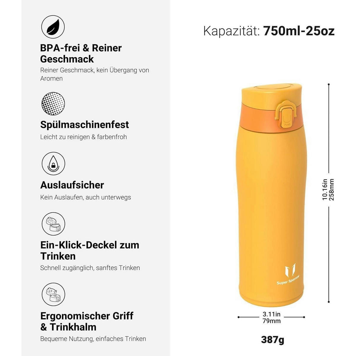 THERMOSFLASCHE Edelstahl 750 ml Vitalität Orange - Orange, Metall (8.1/8.1cm)