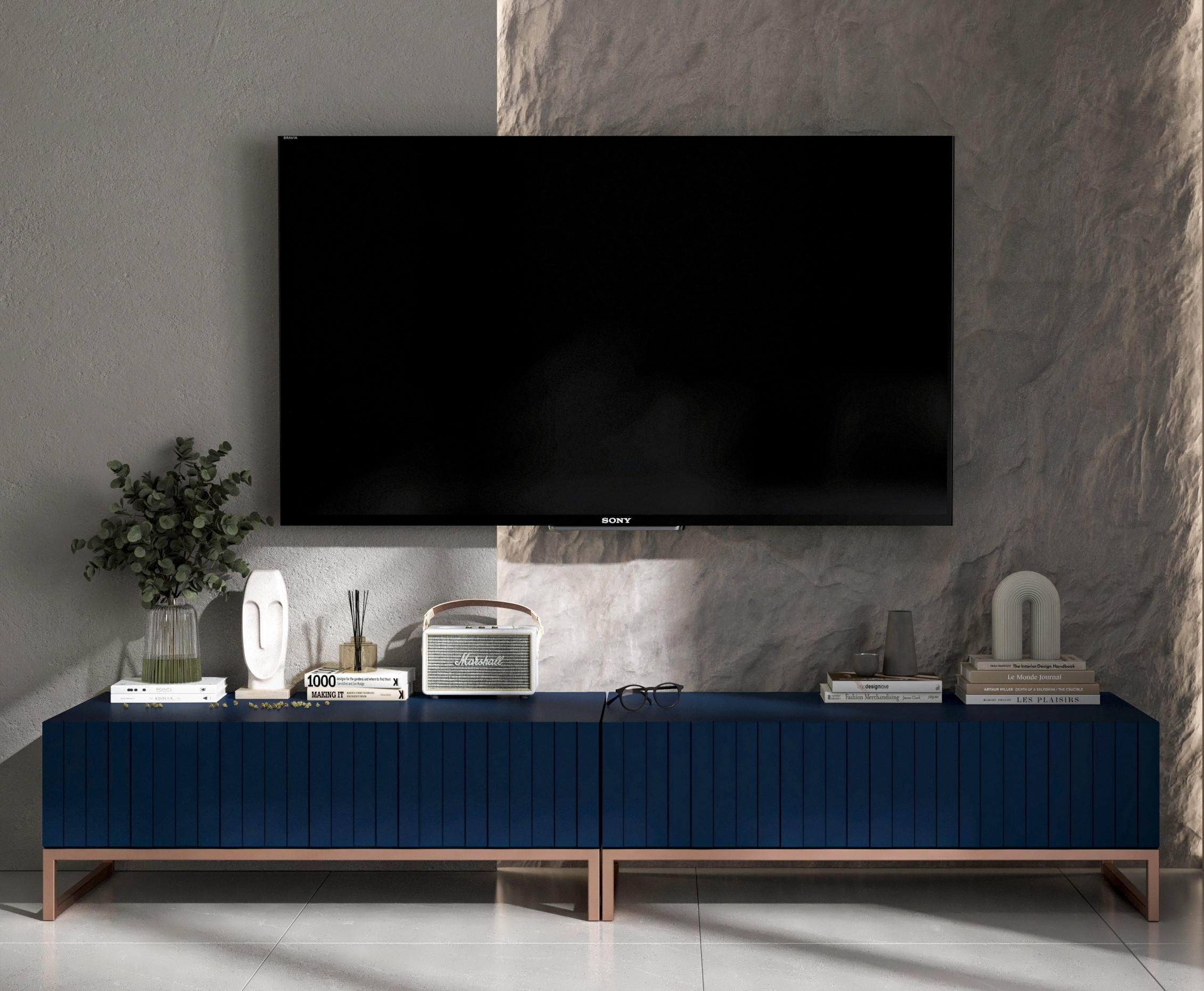 TV-LOWBOARD 2-er Set Elpis Marineblau Matt Glamour 110 cm - Blau/Kupferfarben, Holzwerkstoff/Metall (220/39/54cm) - Meble Lindner