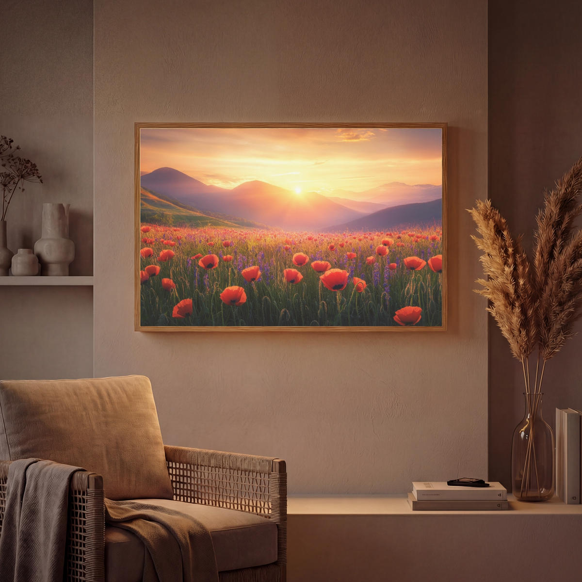 WANDLEUCHTE MIT AKKU Landschaft - Sonnenuntergang - Blumenfeld 100x70 cm - Rot, Holzwerkstoff (100/70/8cm) - OnlyWow