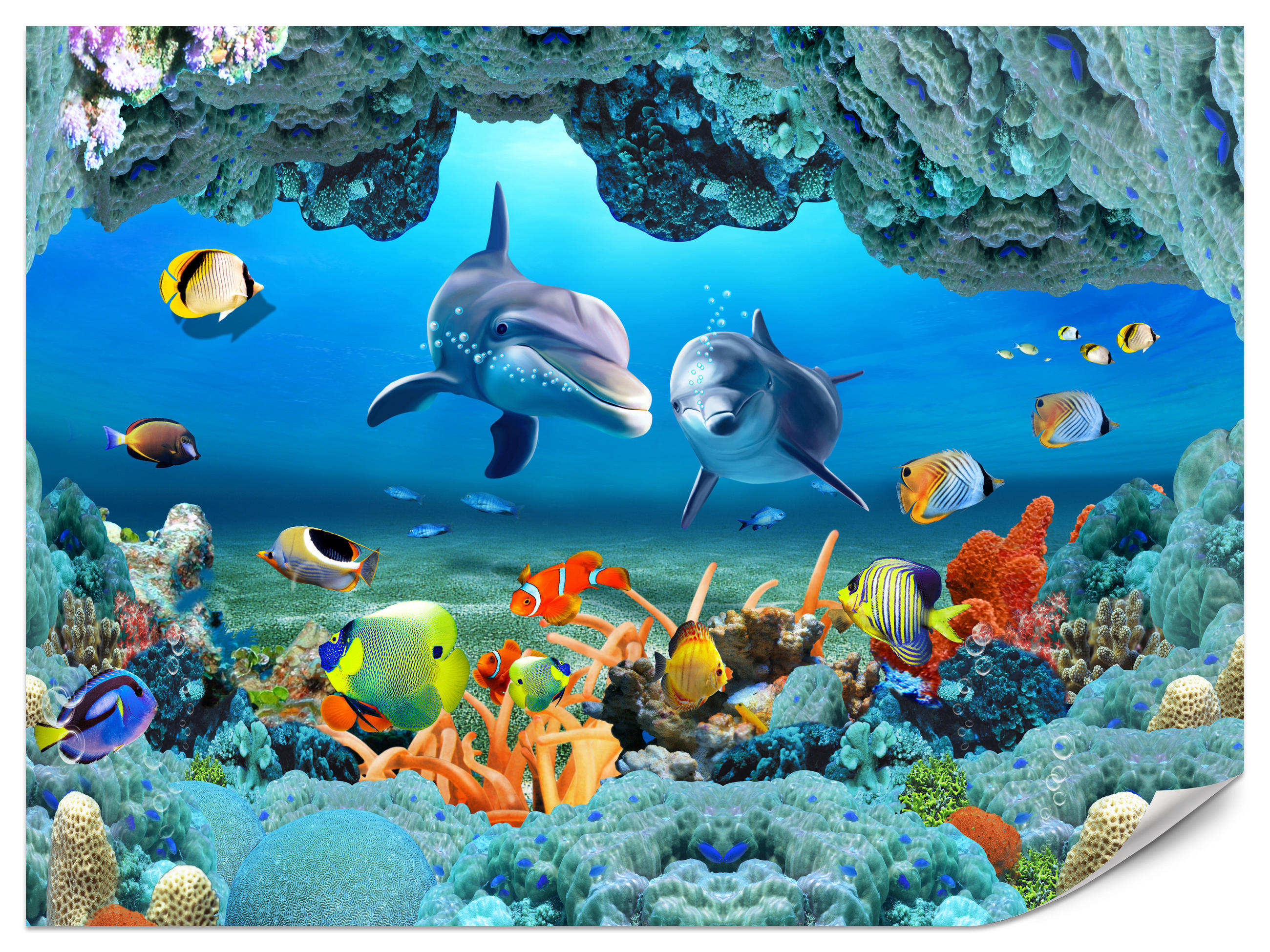 FOTOTAPETE für Badezimmer Unterwasser Korallenriff Delfin Fisch 350x256 - Türkis/Gelb, Papier (350/256cm) - Muralo